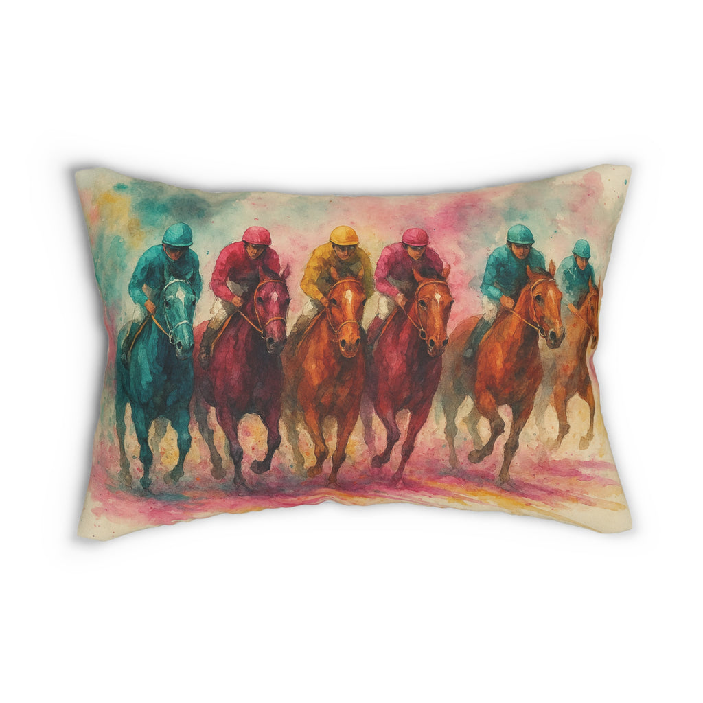 Horse Racing Art Lumbar Pillow — Colorful Jockeys Watercolor Print