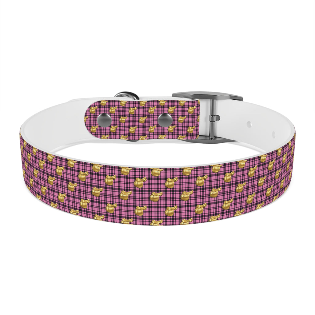 Pink Plaid Dog Collar with Tiny Gold Saddle Pattern