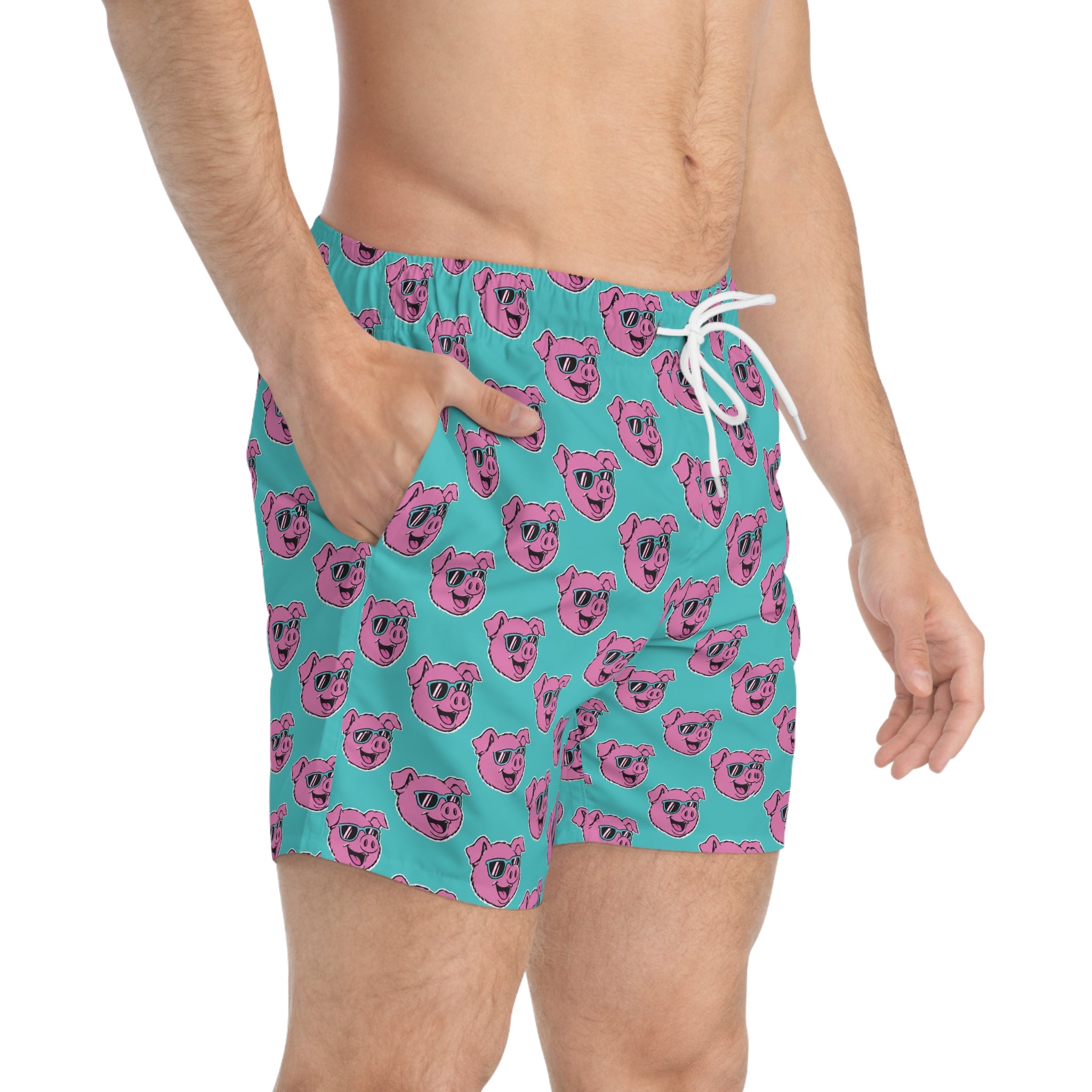 Swim Trunks — Retro Pink Pig Pattern All-Over Print