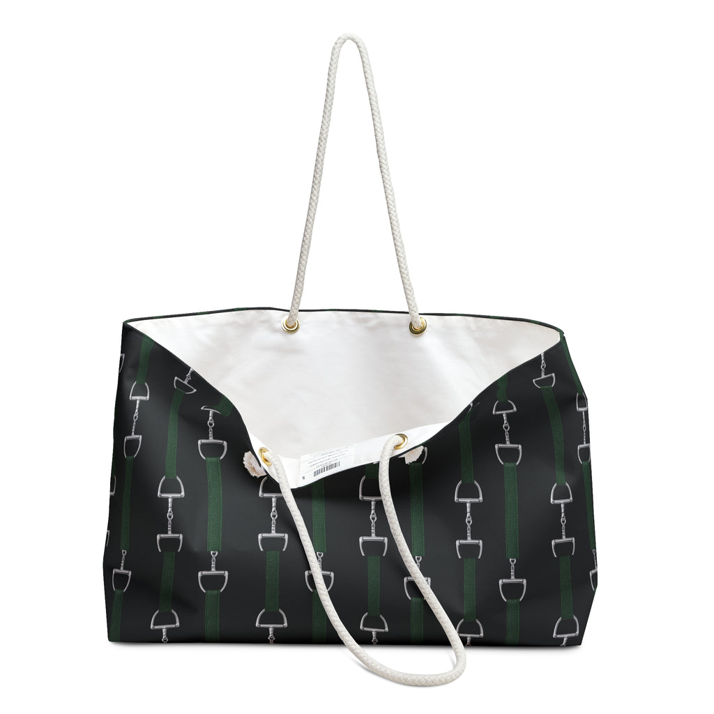 Equestrian Bit Pattern Weekender Bag — Dark Green & Black Travel Tote
