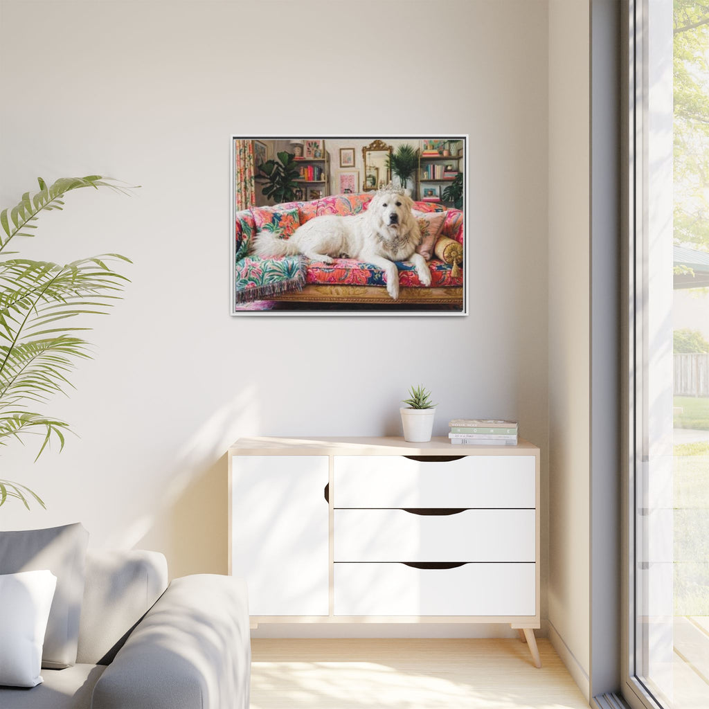 Framed Matte Canvas Regal Great Pyrenees presented in a whimsical lounge