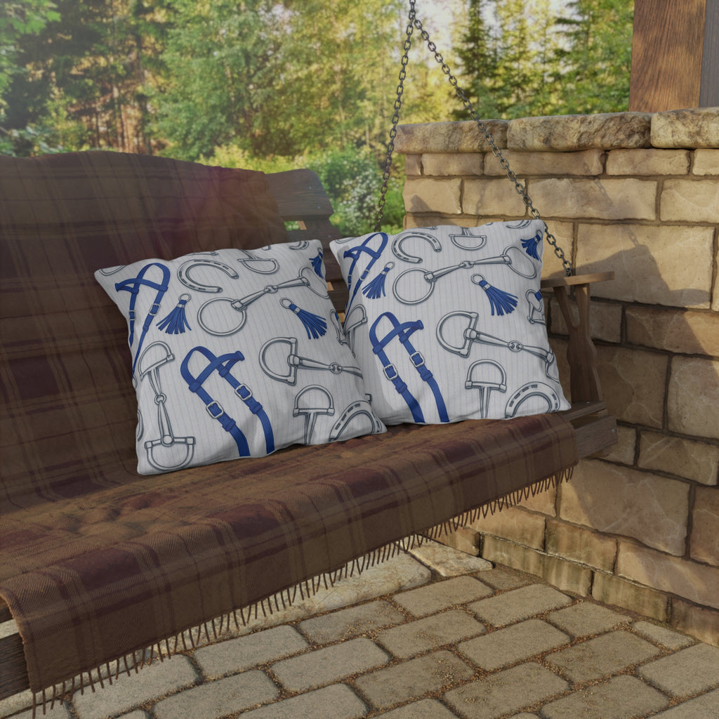 Equestrian Bits and Bridle Outdoor Pillow  Blue Horse Tack Pattern