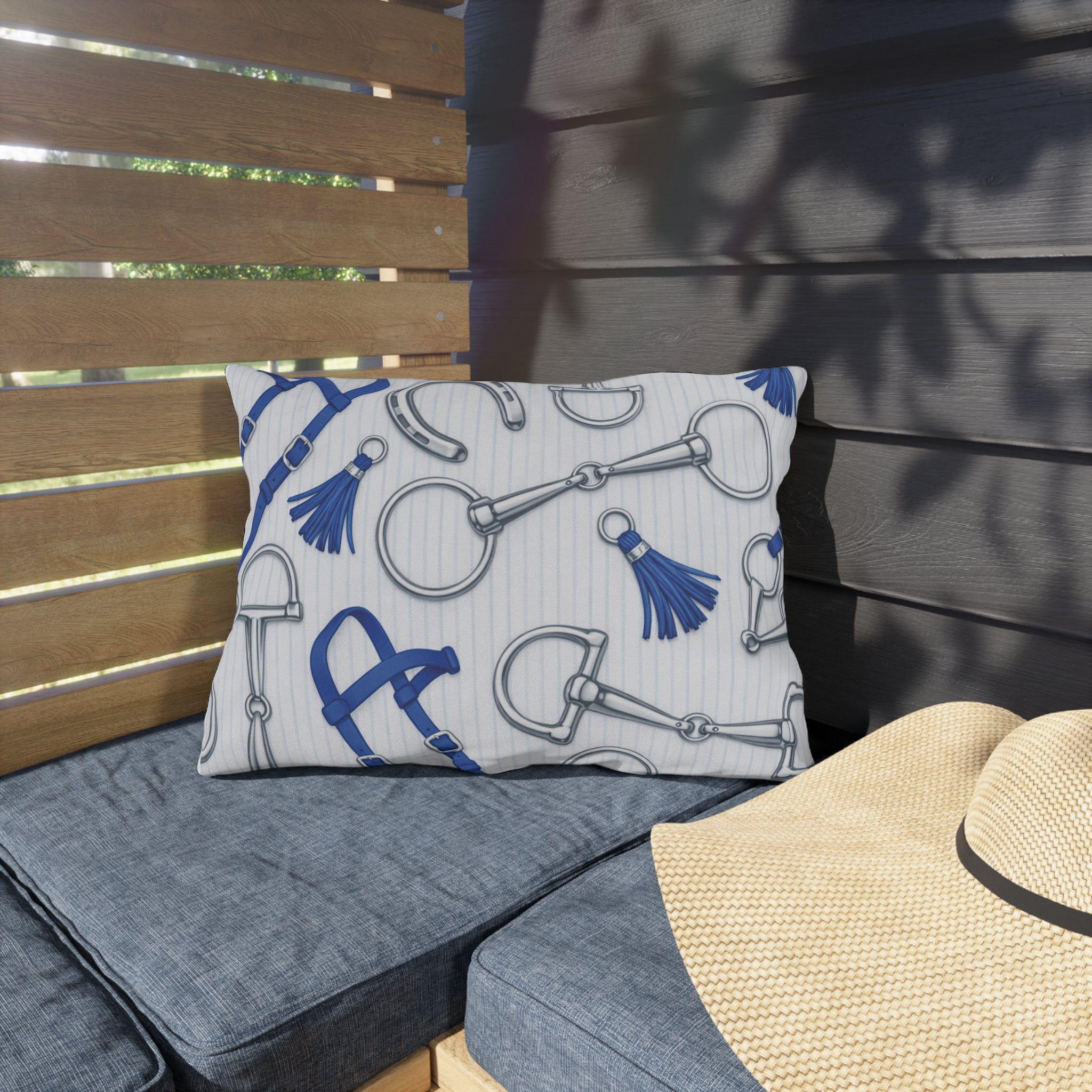 Equestrian Bits and Bridle Outdoor Pillow  Blue Horse Tack Pattern