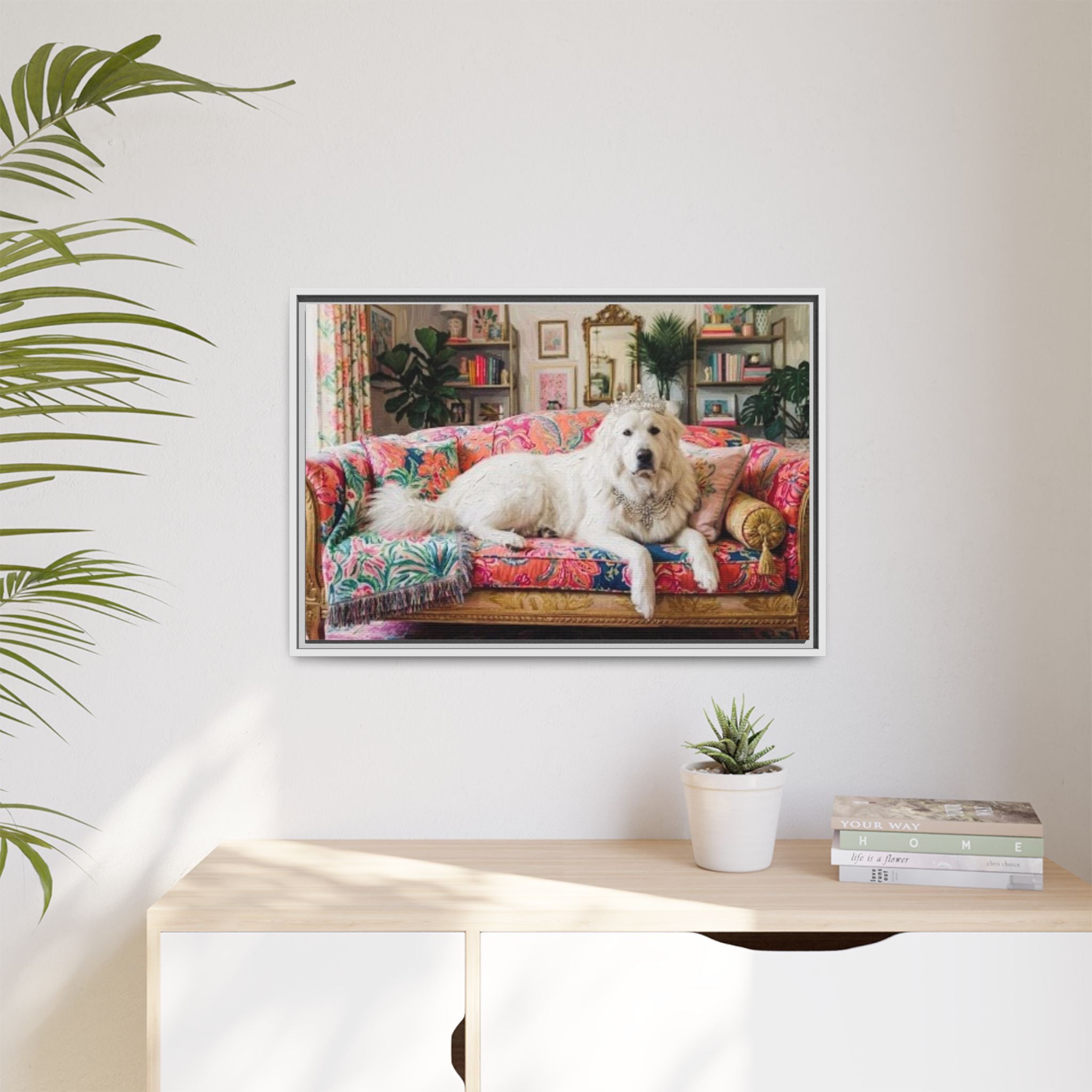 Framed Matte Canvas Regal Great Pyrenees presented in a whimsical lounge