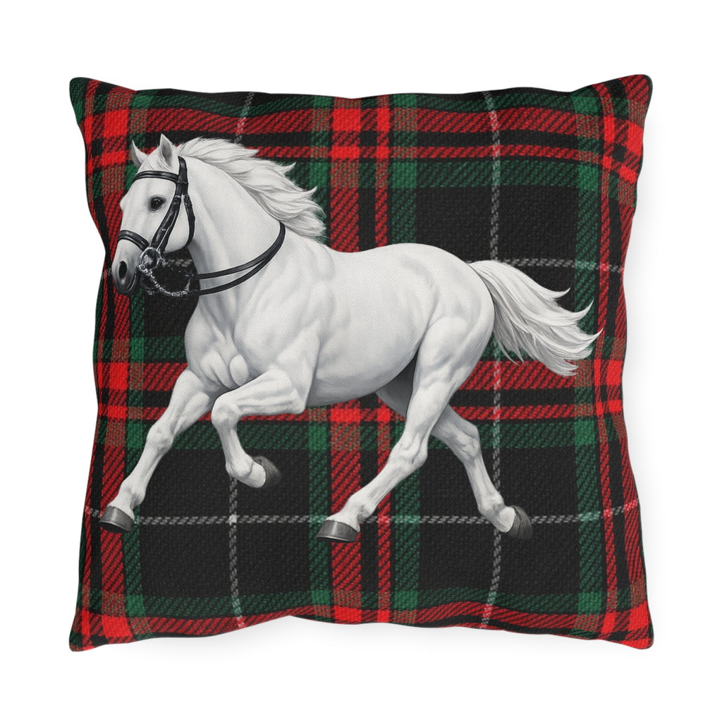 White Horse Plaid Outdoor Pillow  Red and Green Tartan Farmhouse Decor