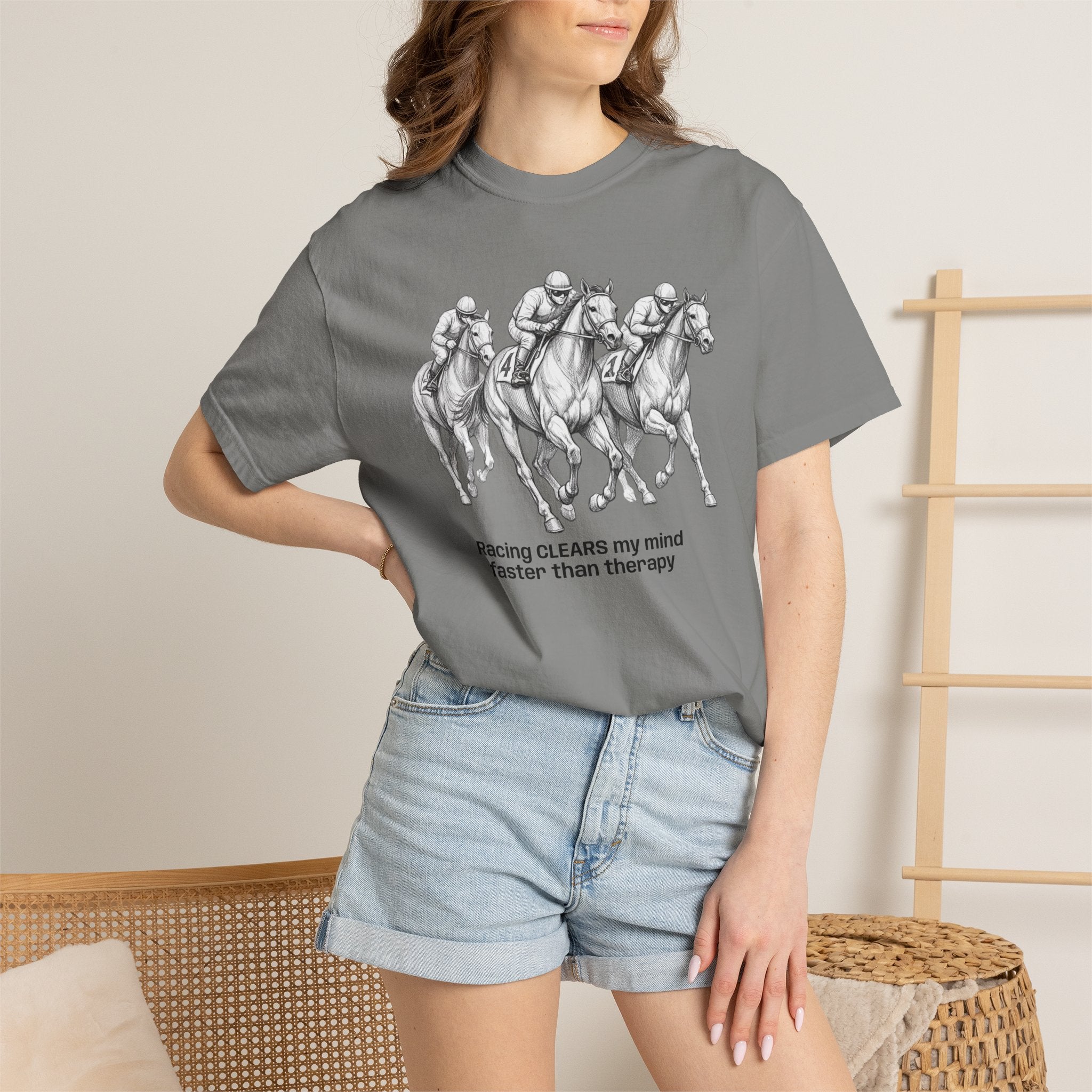 Horse Racing T-Shirt — "Racing CLEARS my mind faster than therapy" Graphic Tee