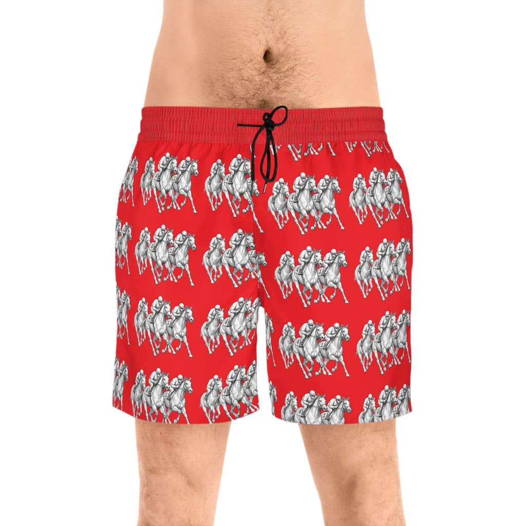 Red horse racing Print Swim Shorts — Men's Mid-Length Beach Trunks