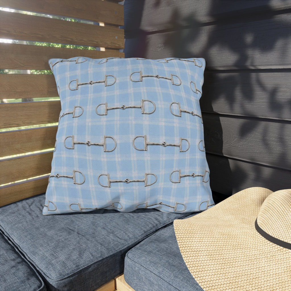 Baby Blue Plaid Horse Bit Outdoor Pillow