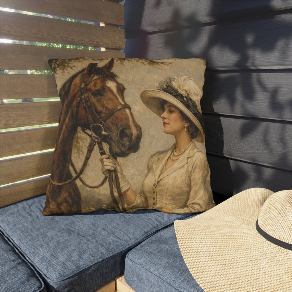 Vintage Equestrian Outdoor Pillow  Lady and Horse Art