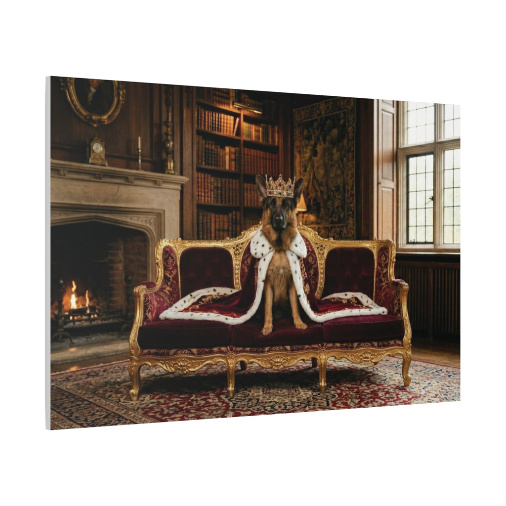 Regal German Shepherd Canvas Wall Art — King Dog on Fancy Sofa Matte Stretched Print