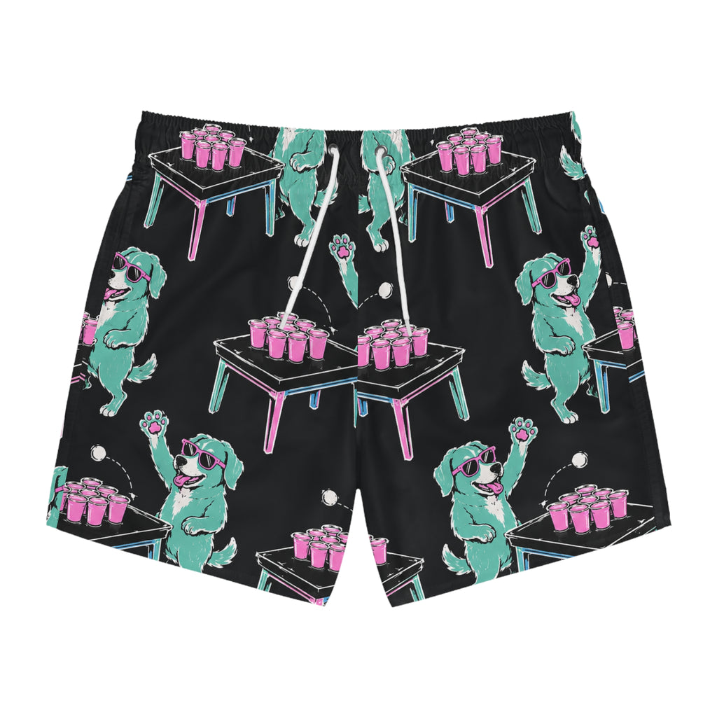 Beer Pong Dog Swim Trunks — Retro Neon Party All-Over Print