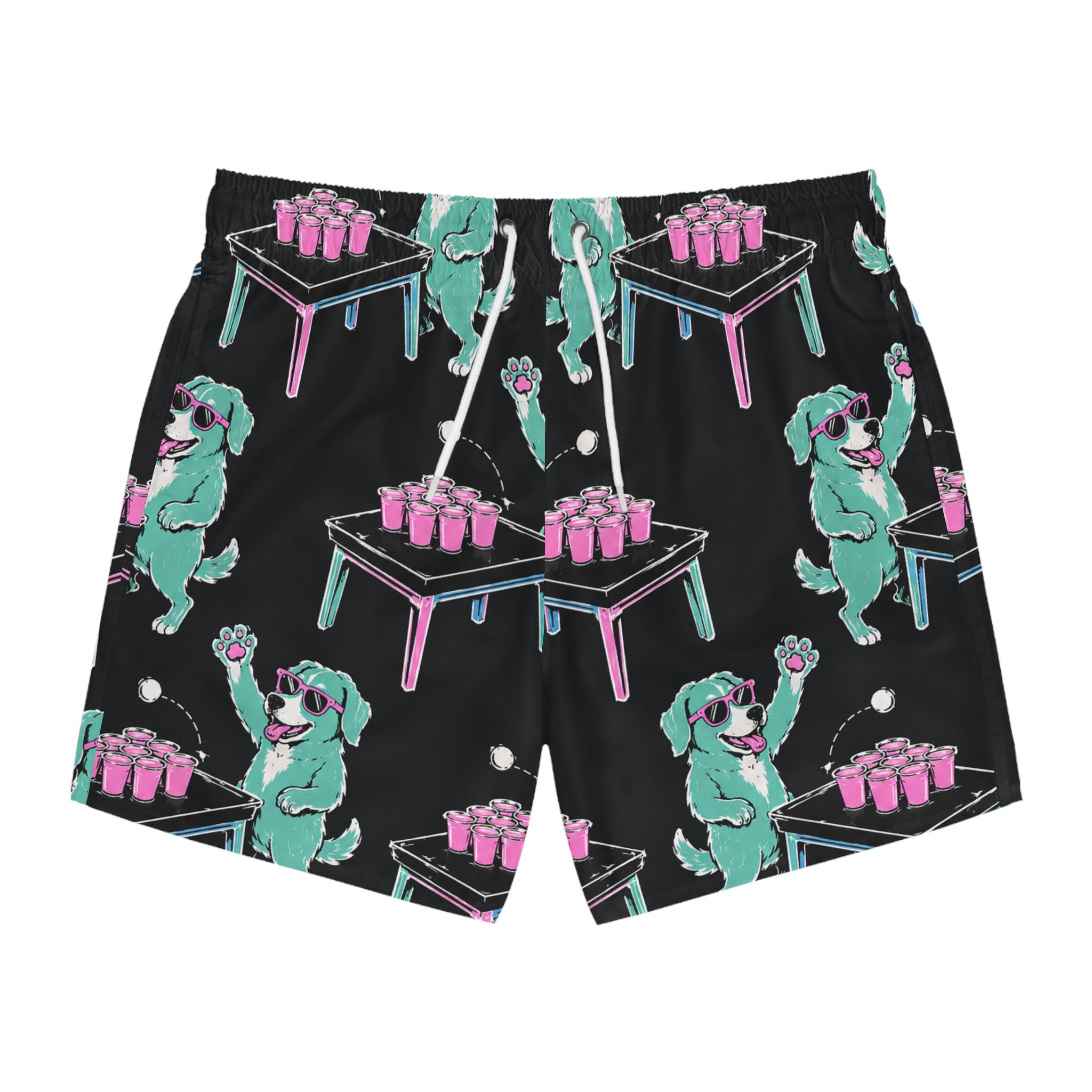 Beer Pong Dog Swim Trunks — Retro Neon Party All-Over Print