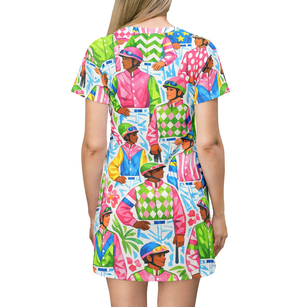 Colorful Jockey Print T‑Shirt Dress — Vibrant Equestrian Pattern AOP