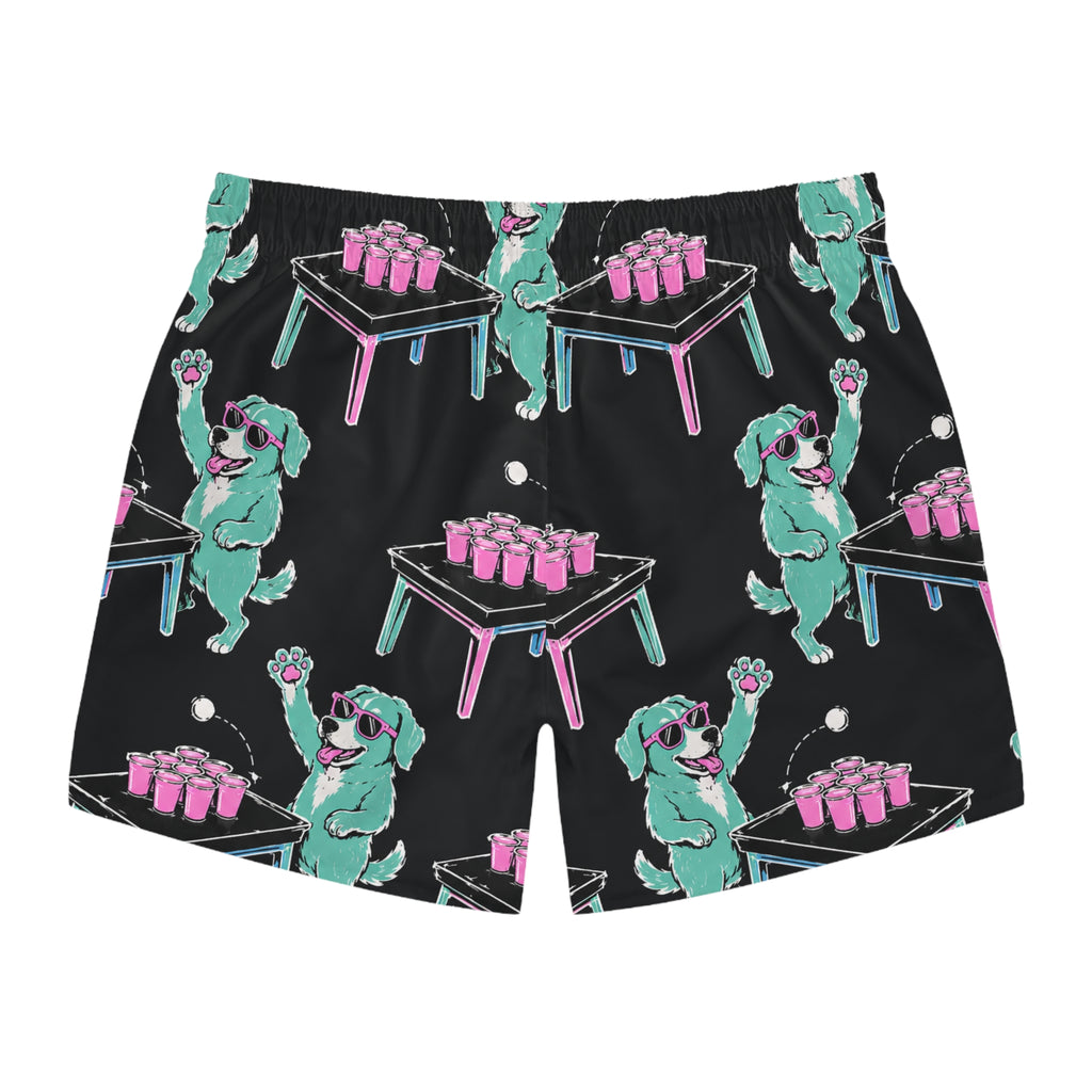Beer Pong Dog Swim Trunks — Retro Neon Party All-Over Print