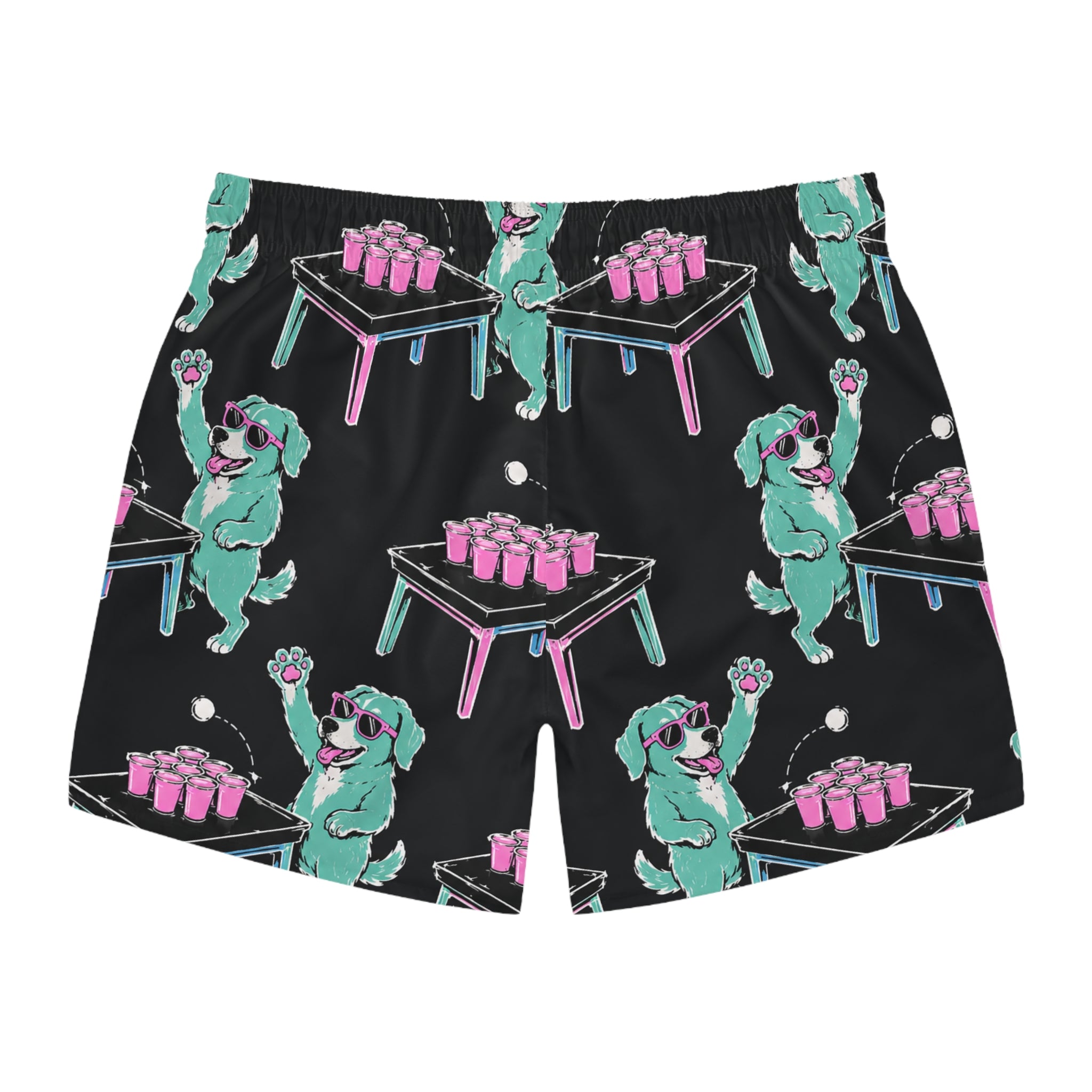 Beer Pong Dog Swim Trunks — Retro Neon Party All-Over Print