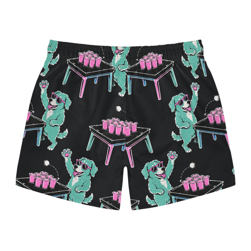 Beer Pong Dog Swim Trunks — Retro Neon Party All-Over Print