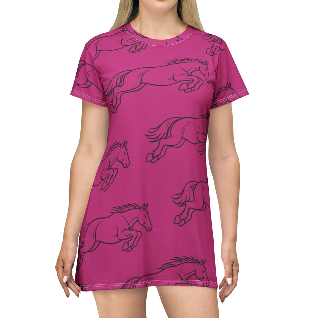 Horse Print T‑Shirt Dress — All-Over jumping Horse Pattern