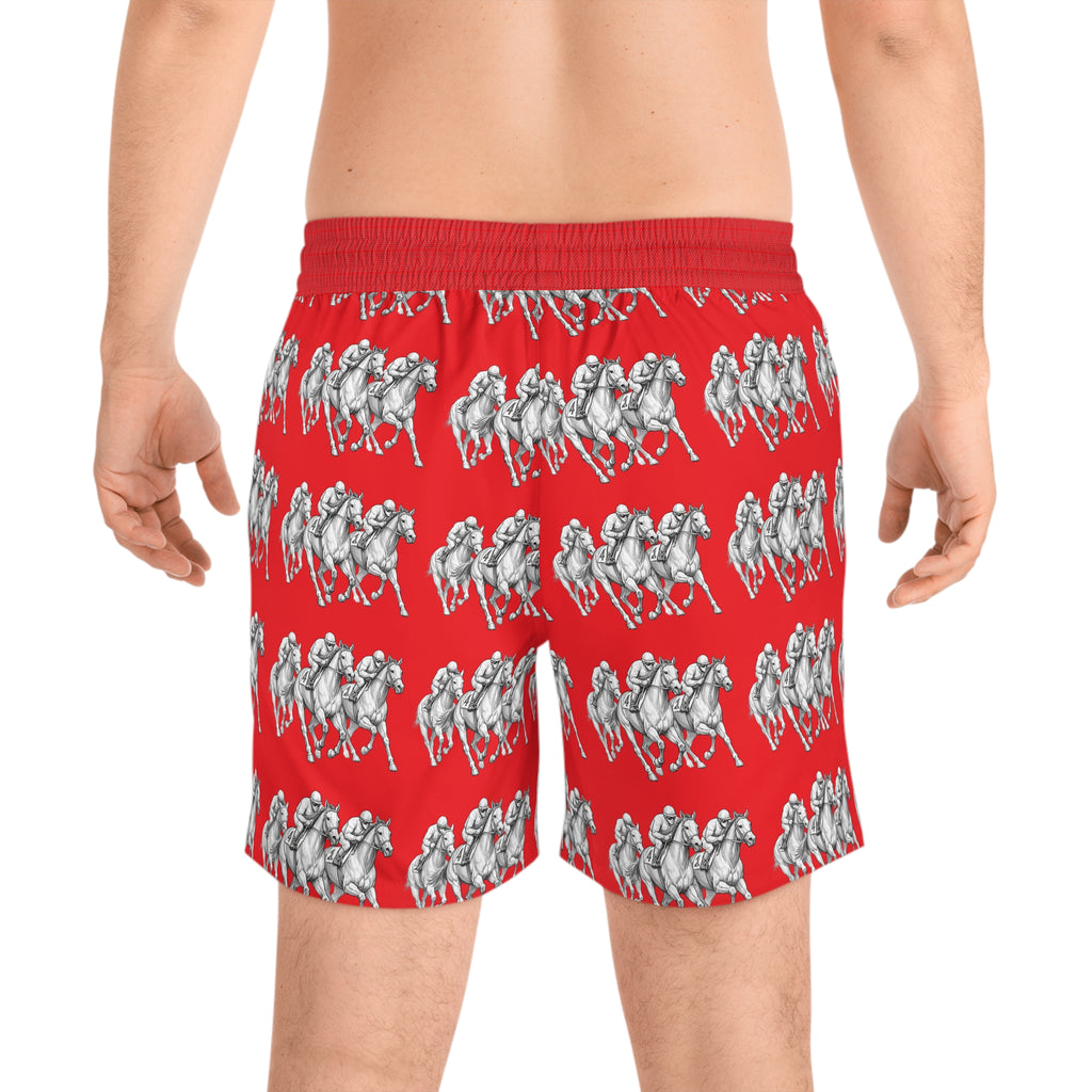Red horse racing Print Swim Shorts — Men's Mid-Length Beach Trunks