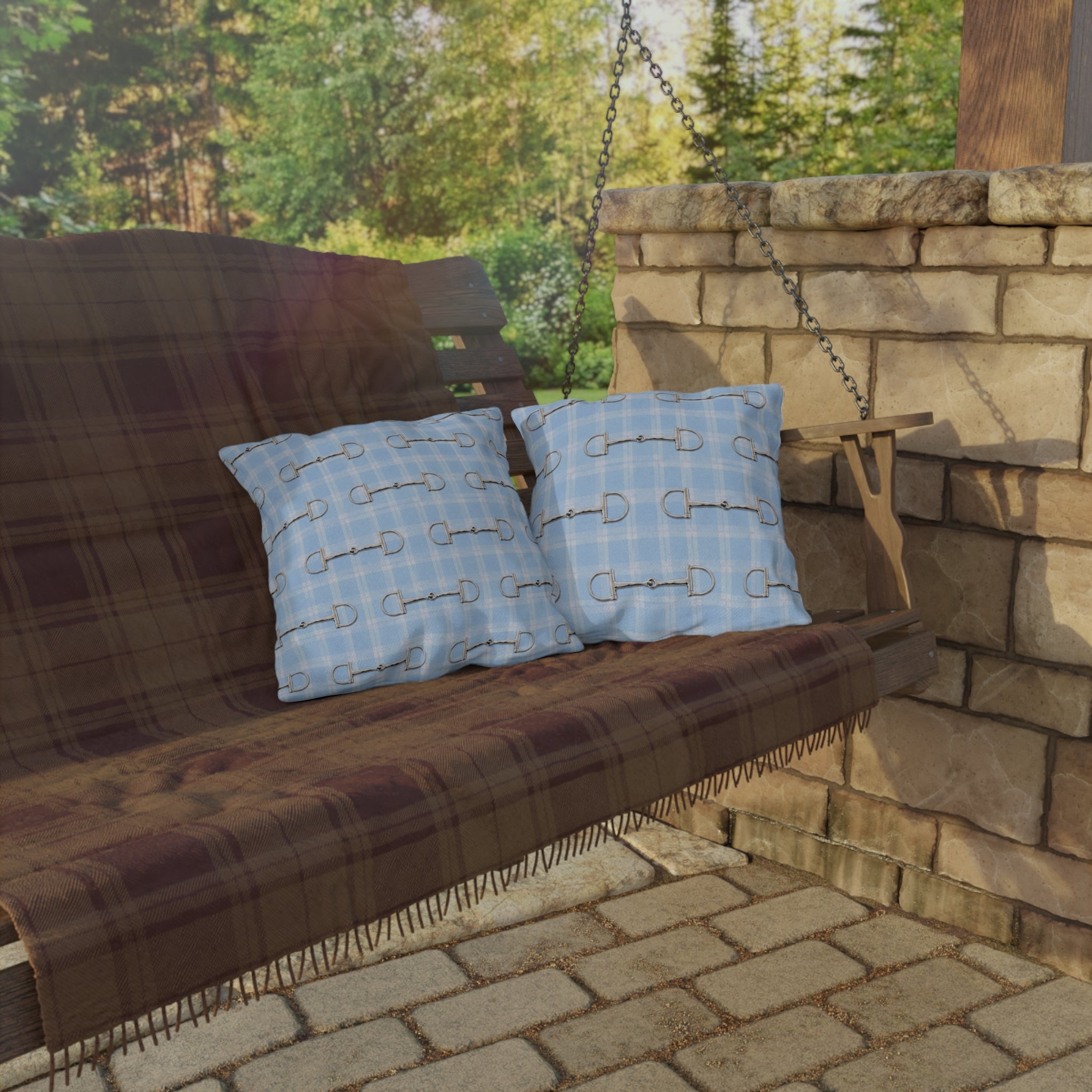 Baby Blue Plaid Horse Bit Outdoor Pillow