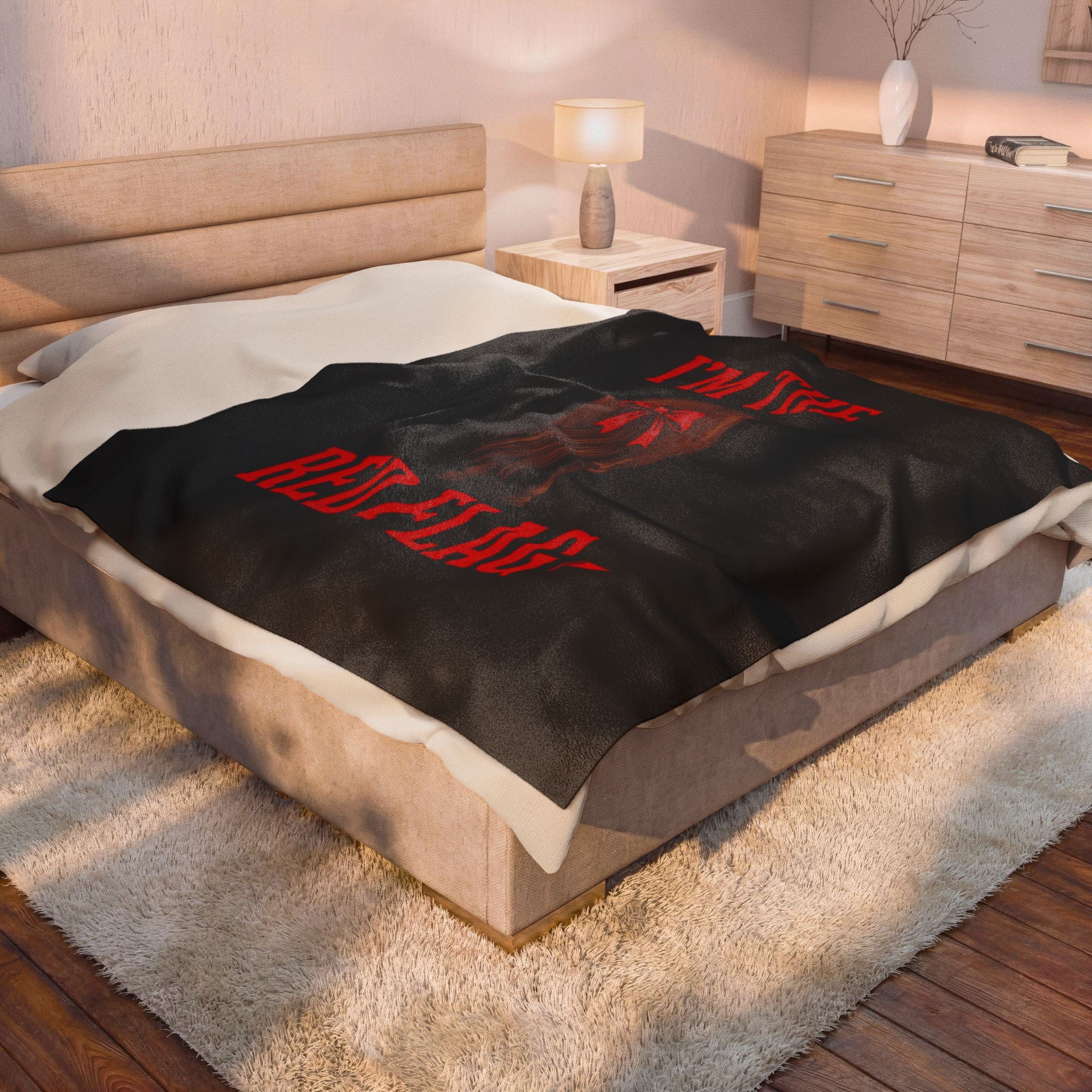 Velveteen Plush Blanket — "I'm the Red Flag" Horse with red tail ribbon Cozy Throw for Bachelorette, Galentine & Funny Gift
