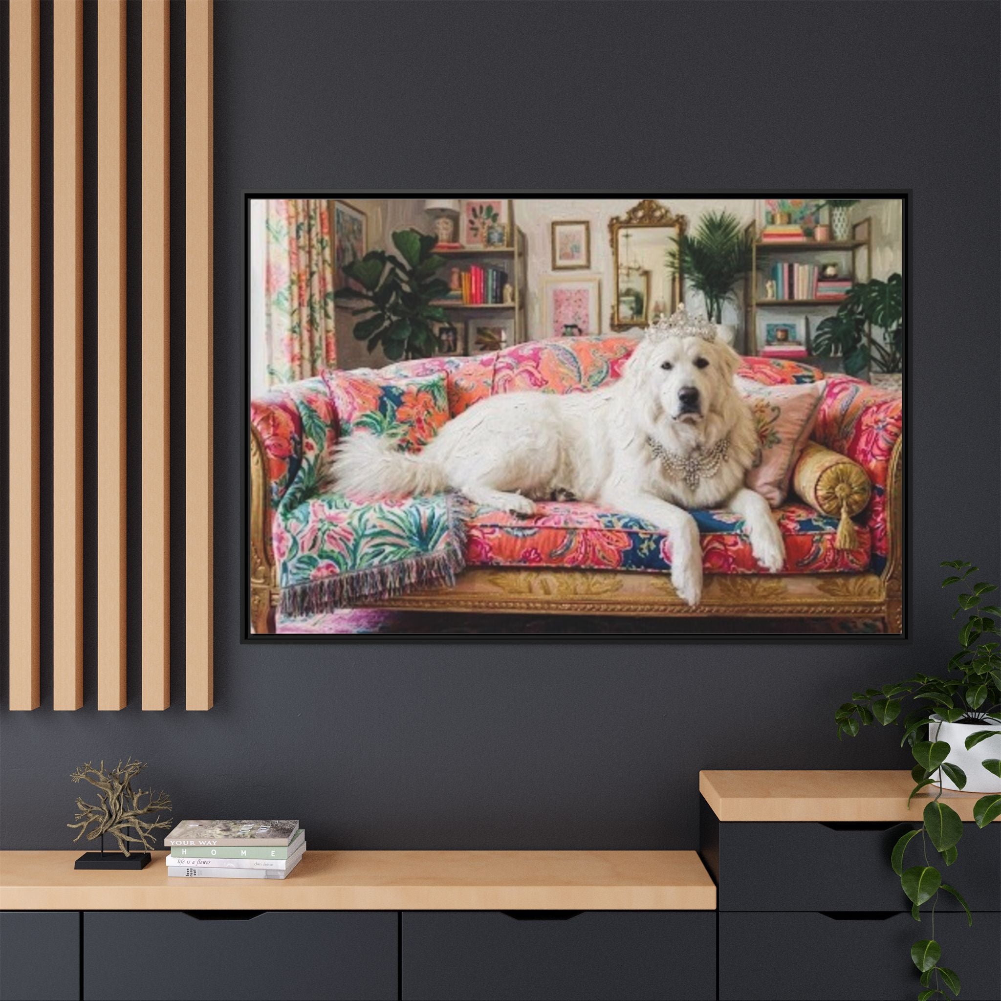 Framed Matte Canvas Regal Great Pyrenees presented in a whimsical lounge