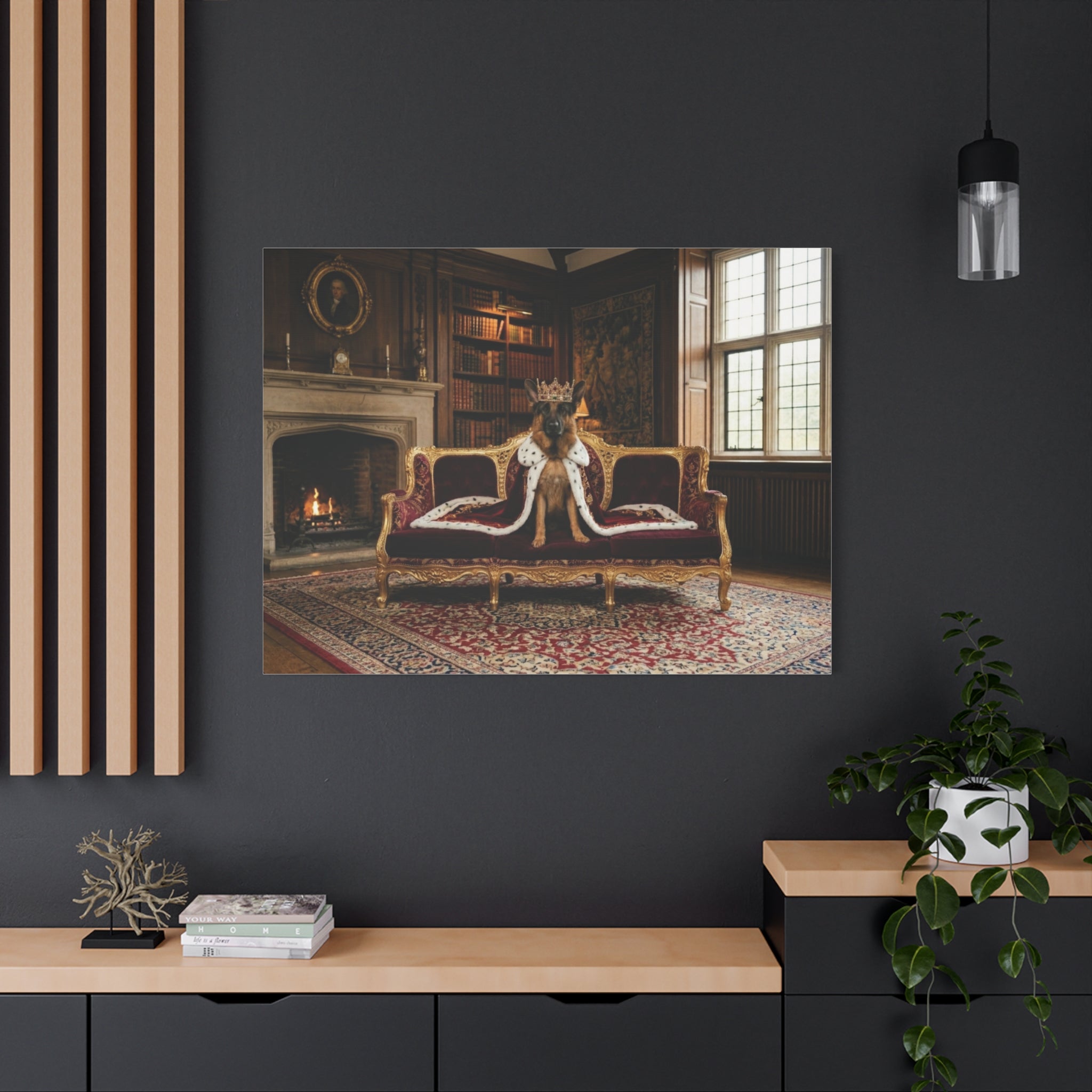 Regal German Shepherd Canvas Wall Art — King Dog on Fancy Sofa Matte Stretched Print