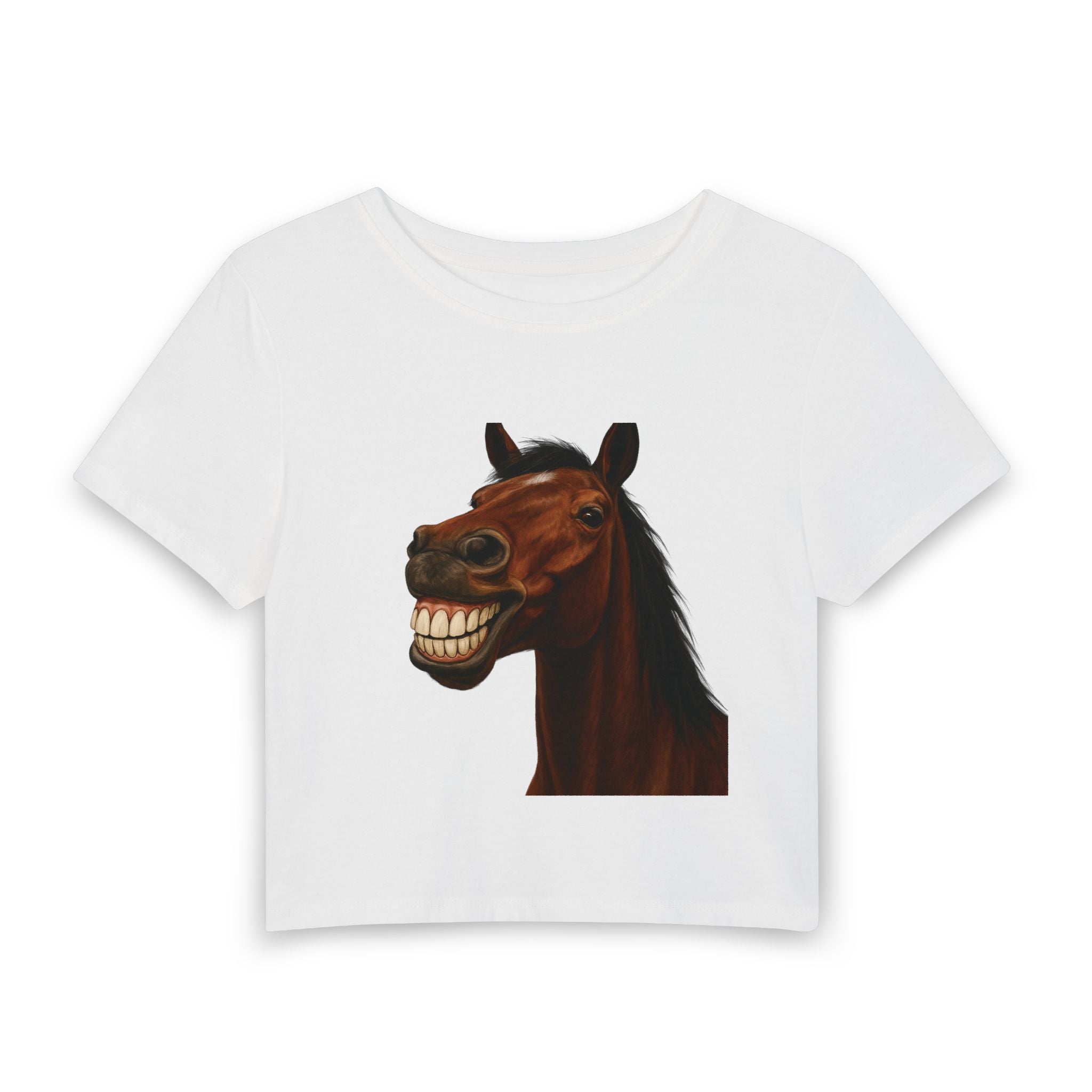 Smiling Horse Crop Tee — Funny Horse Face Womens Baby Tee