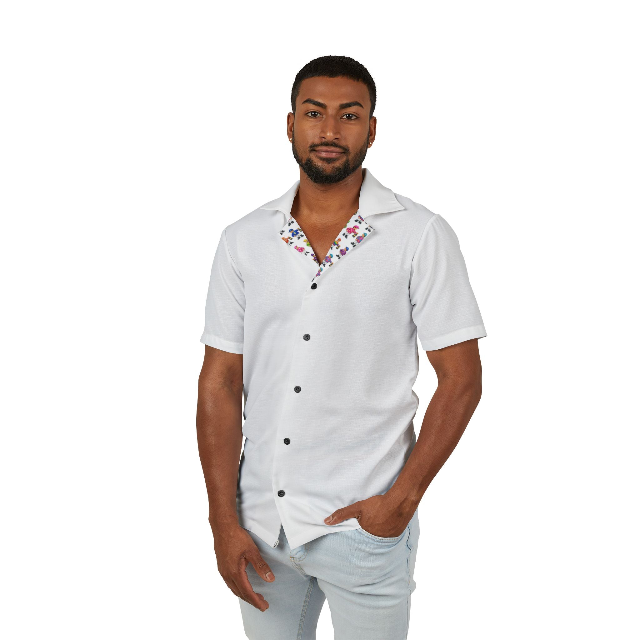 Men's White Button Down Shirt — Subtle Comical Lawn Jockey Print On Collar