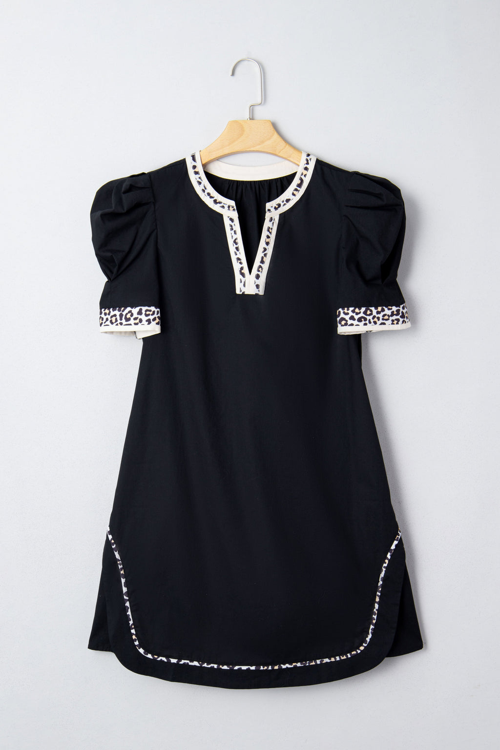 Black Leopard Trim Notched Neck Short Puff Sleeve Shift Mini Dress