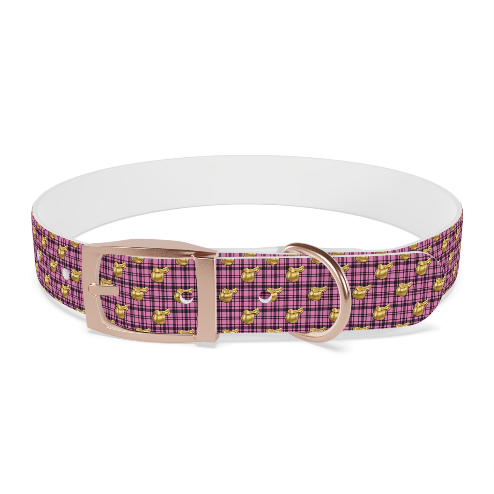 Pink Plaid Dog Collar with Tiny Gold Saddle Pattern