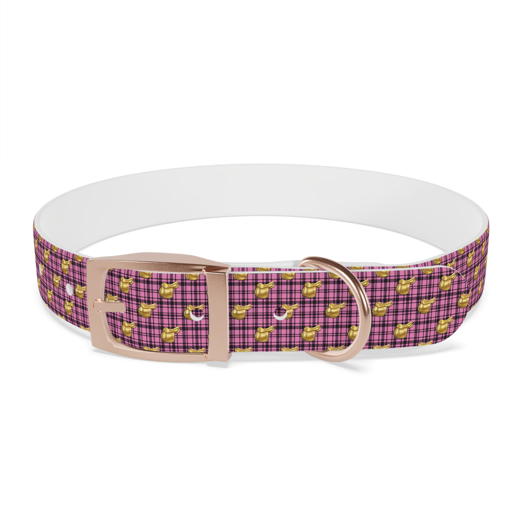 Pink Plaid Dog Collar with Tiny Gold Saddle Pattern