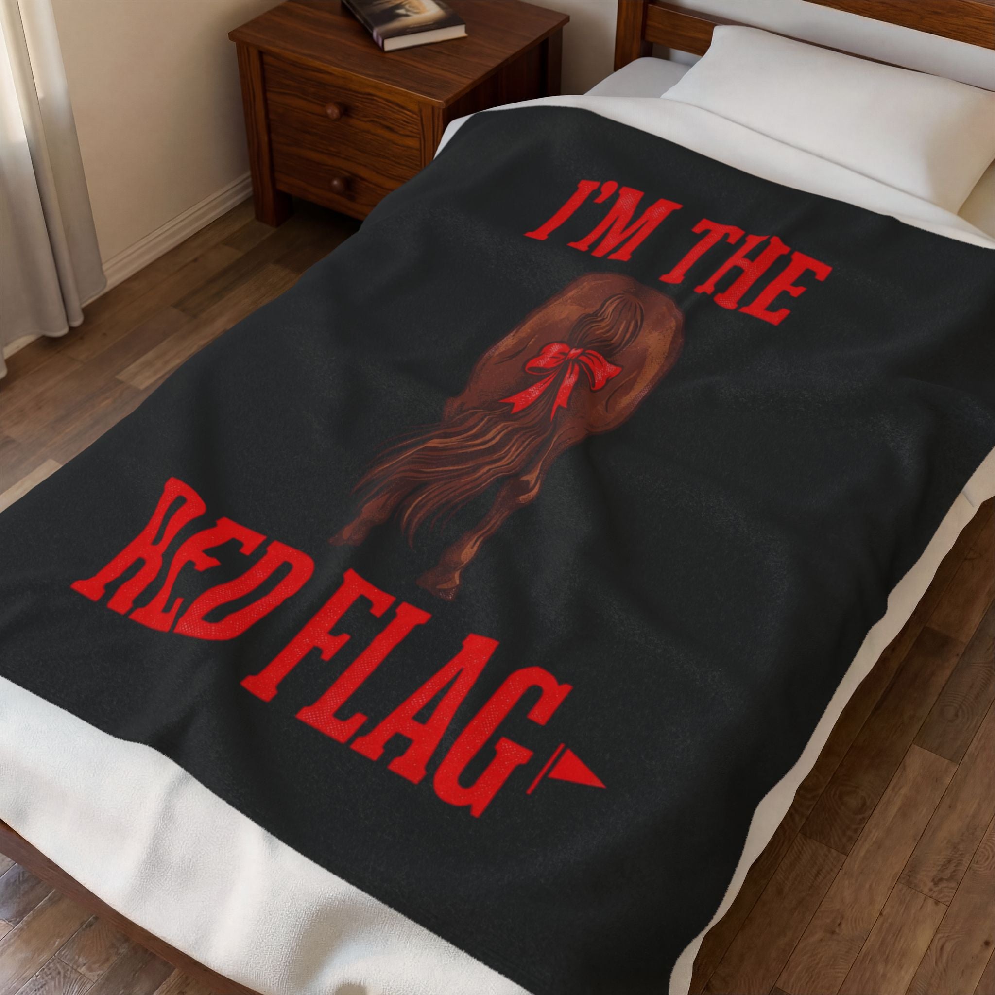Velveteen Plush Blanket — "I'm the Red Flag" Horse with red tail ribbon Cozy Throw for Bachelorette, Galentine & Funny Gift