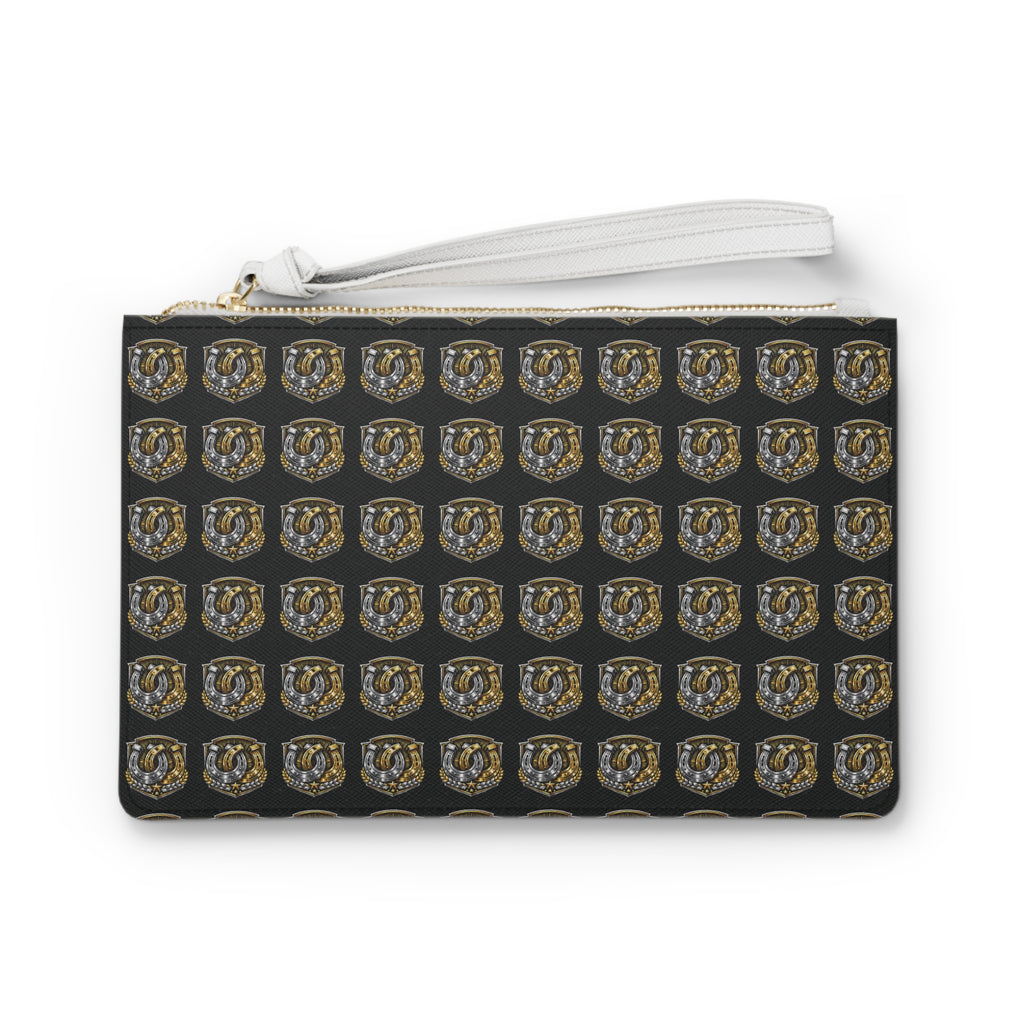 Horseshoe Crest Clutch Bag – Black & Gold Patterned Wristlet