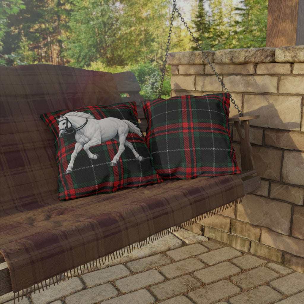 White Horse Plaid Outdoor Pillow  Red and Green Tartan Farmhouse Decor