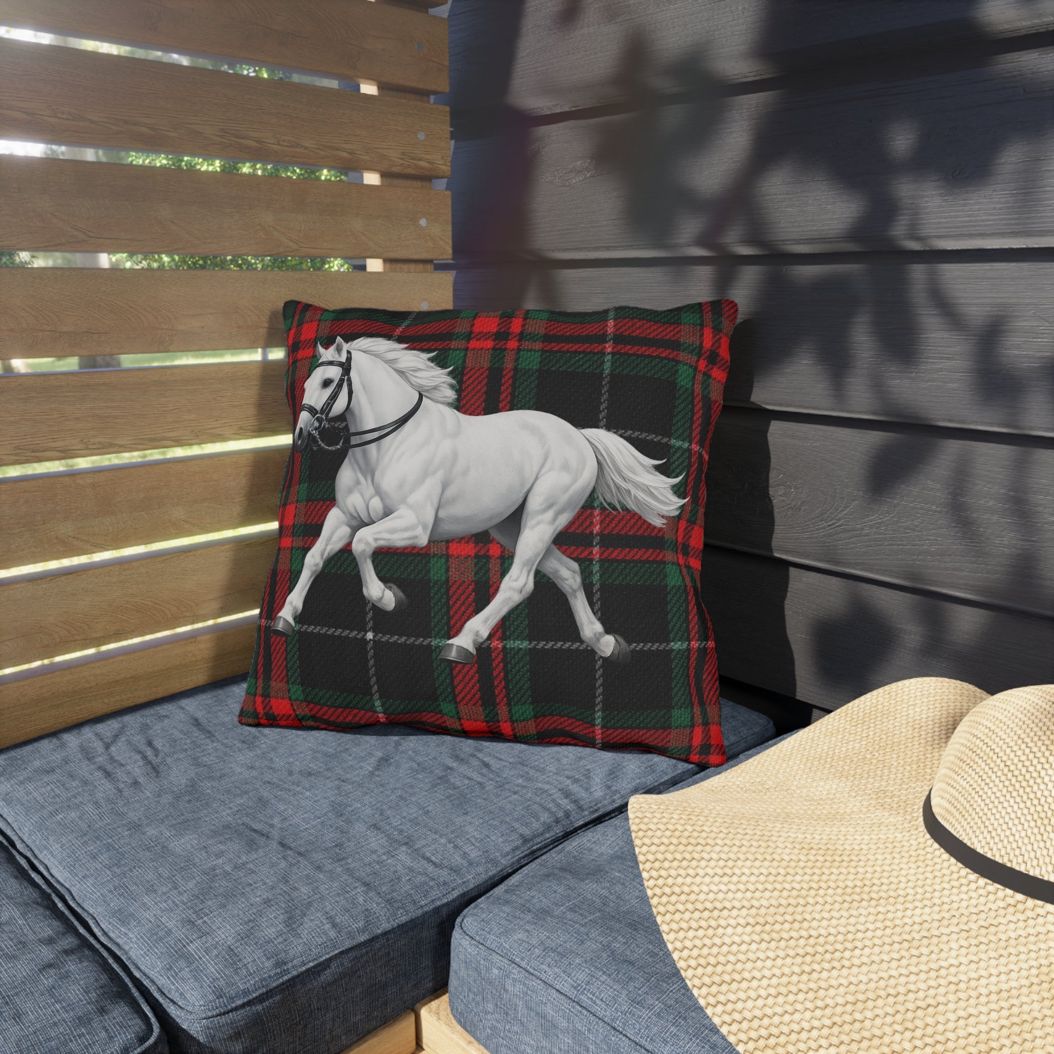 White Horse Plaid Outdoor Pillow  Red and Green Tartan Farmhouse Decor