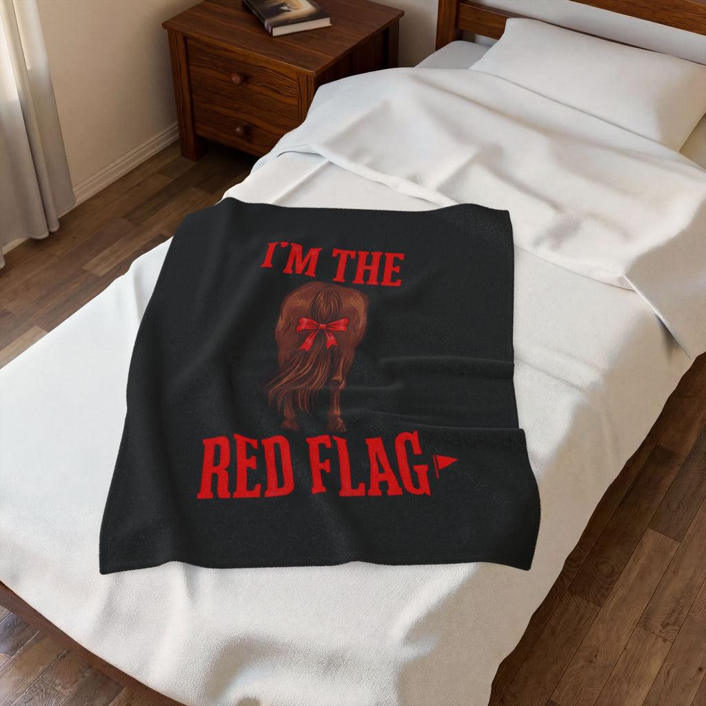Velveteen Plush Blanket — "I'm the Red Flag" Horse with red tail ribbon Cozy Throw for Bachelorette, Galentine & Funny Gift