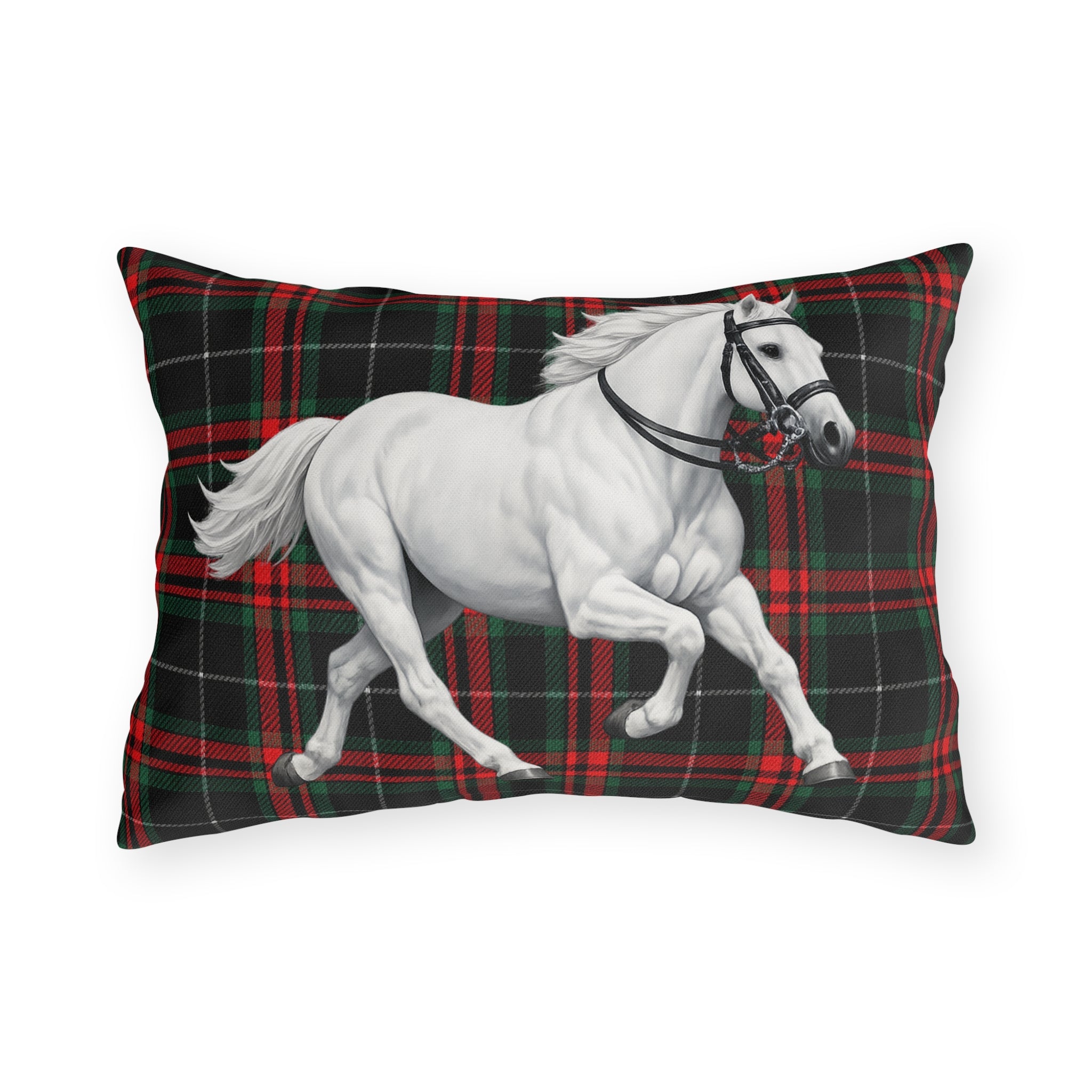 White Horse on Red and Black Tartan Outdoor Pillow