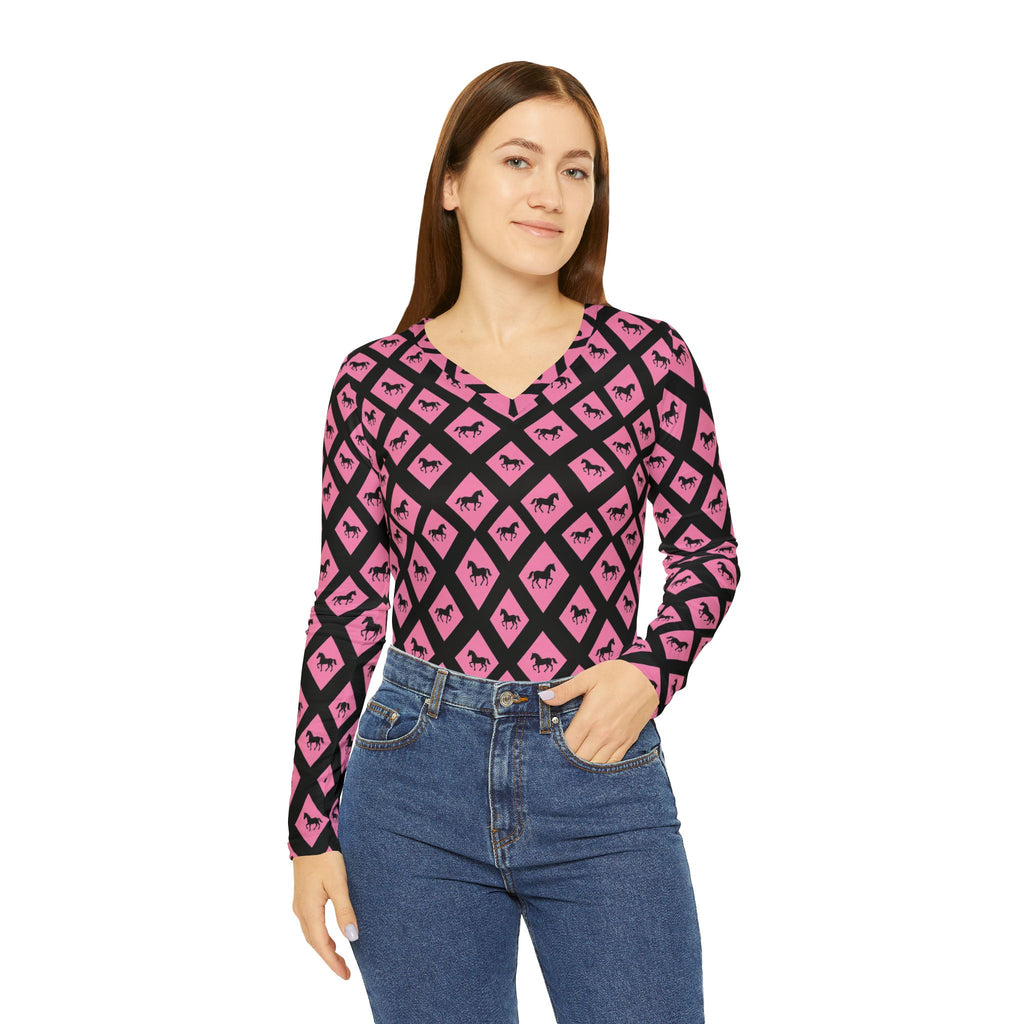 Pink Black Diamond horses cooling V-Neck Long Sleeve — Women's Patterned Top