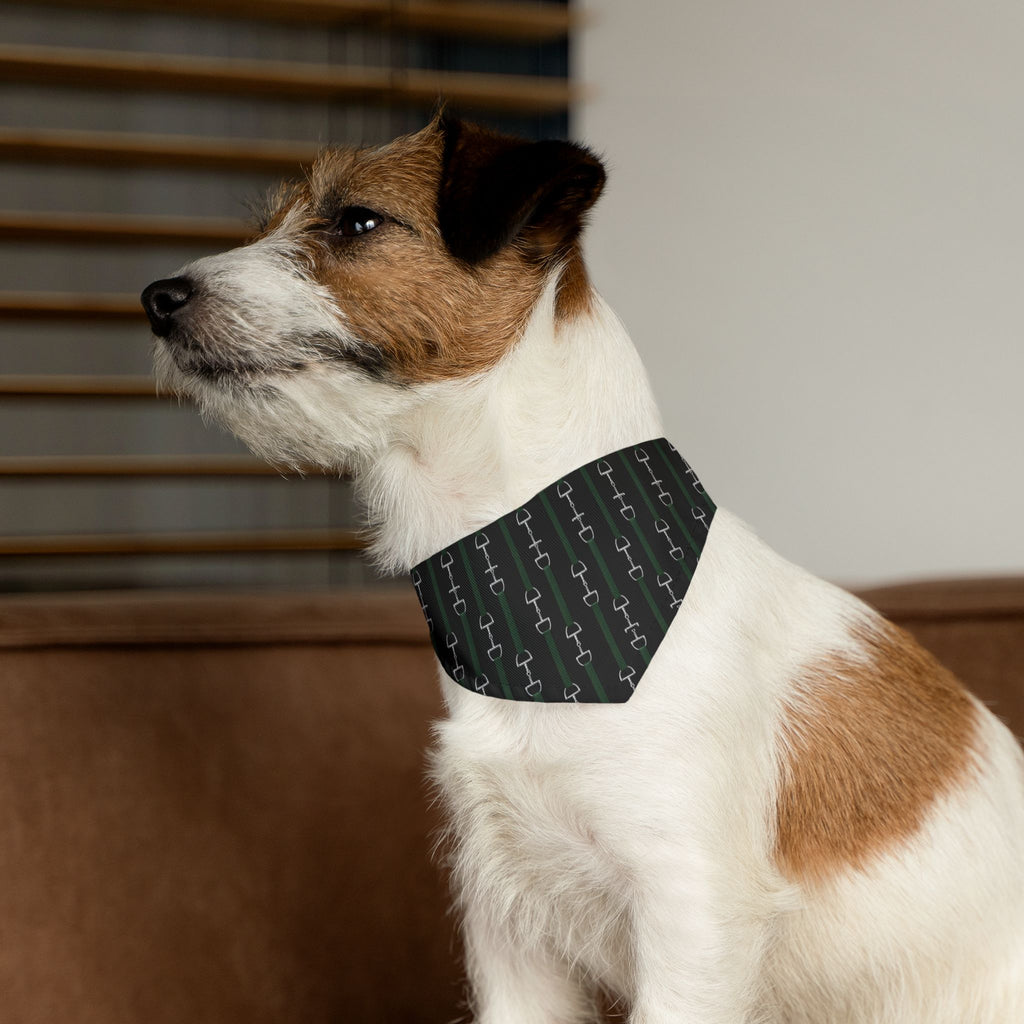 Pet Bandana Collar — Hunter Green Webbed Look Straps With Silver Horsebit Motif Pattern Dog Bandana Collar