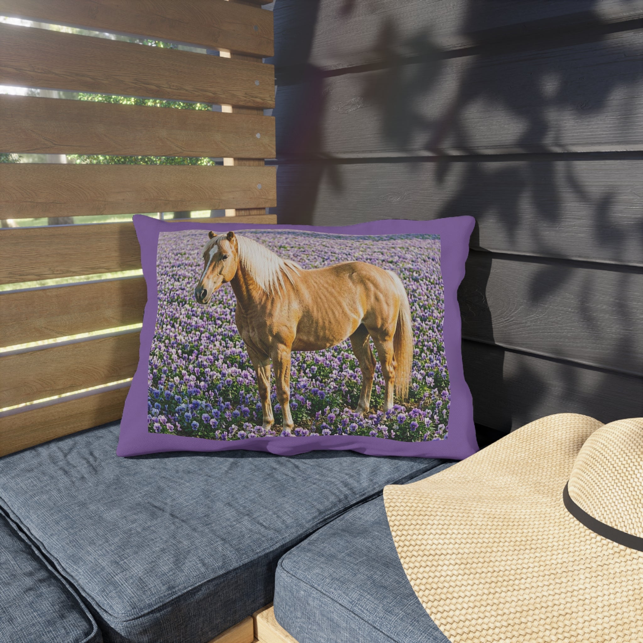 Horse in Lavender Field Outdoor Pillow  Floral Farmhouse Patio Decor
