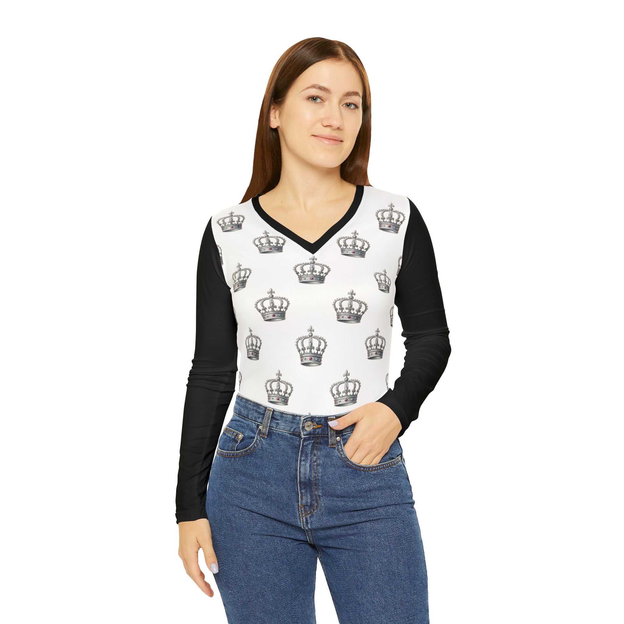 Crown Pattern Dressage Queen V‑Neck Long Sleeve Shirt — Royal Monogram