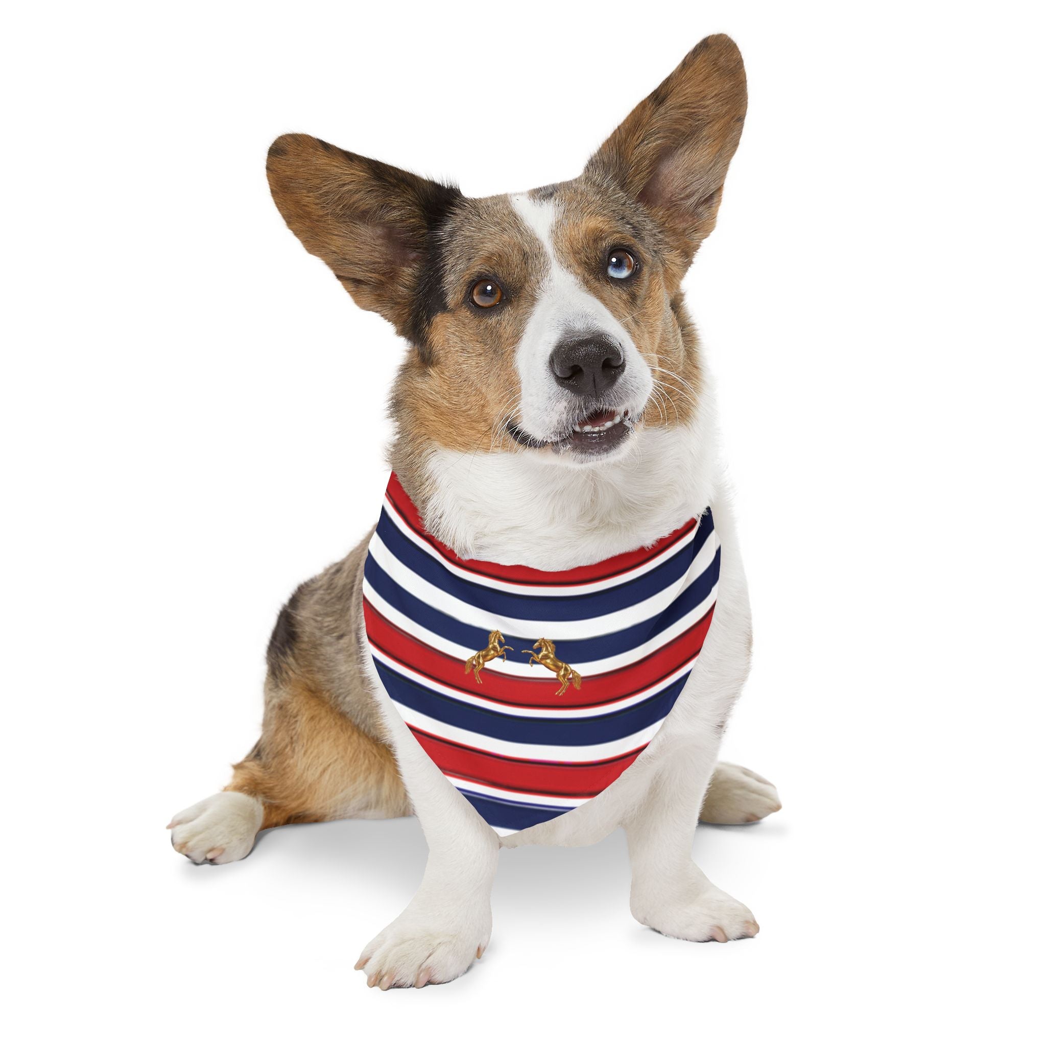 Striped Dog Bandana Collar with Gold Rearing Horses Motif — Nautical Red, White & Blue Pet Accessory