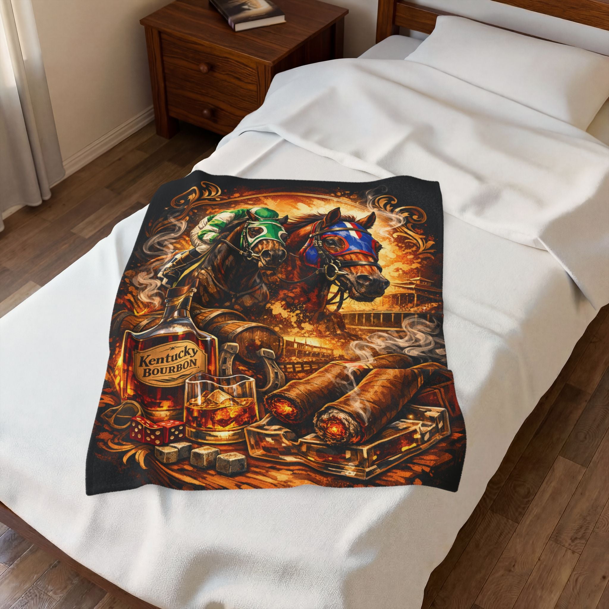Horse Racing Bourbon and Cigars Velveteen Plush Blanket