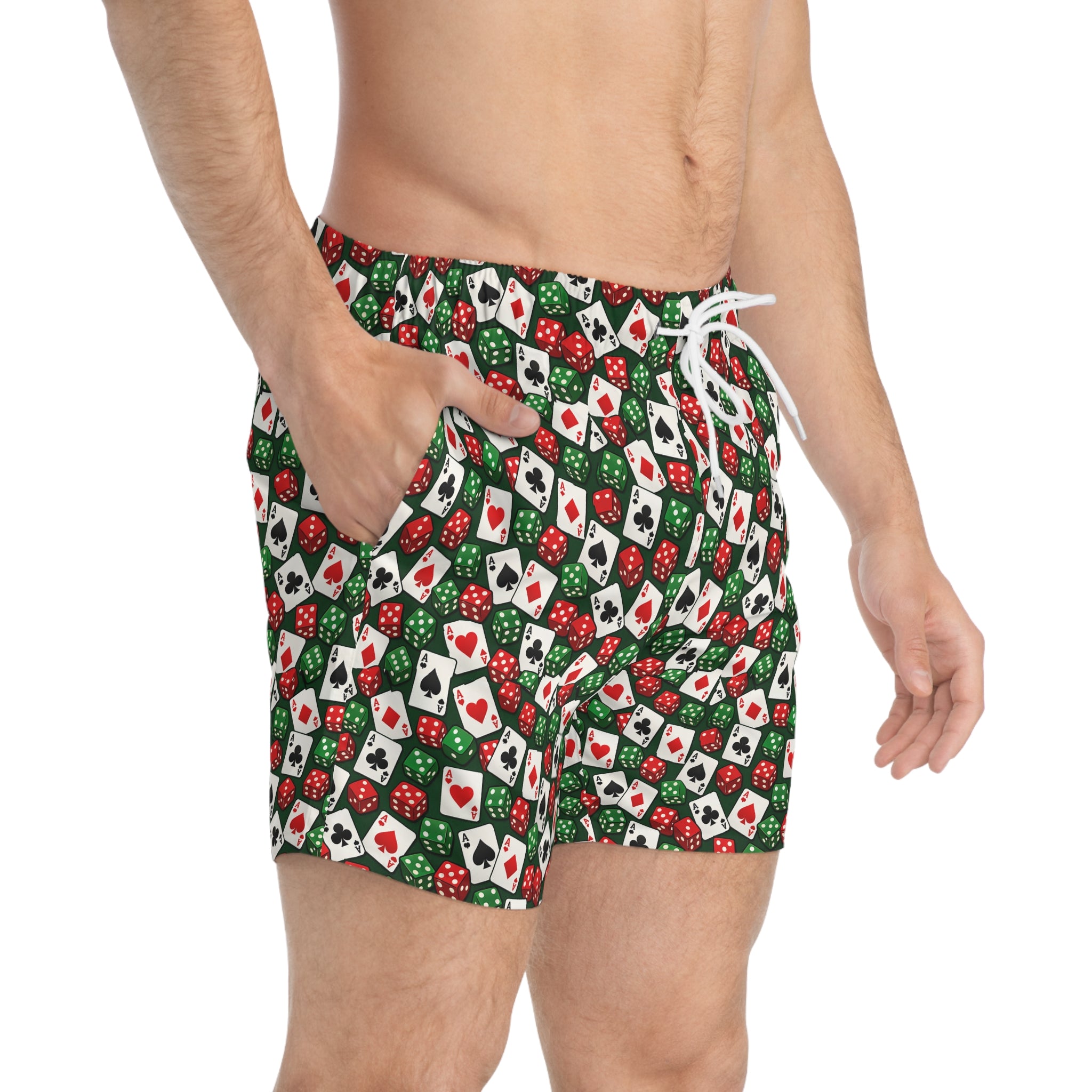 Casino Poker Dice Pattern Swim Trunks — Aces Cards and Dice All Over Print