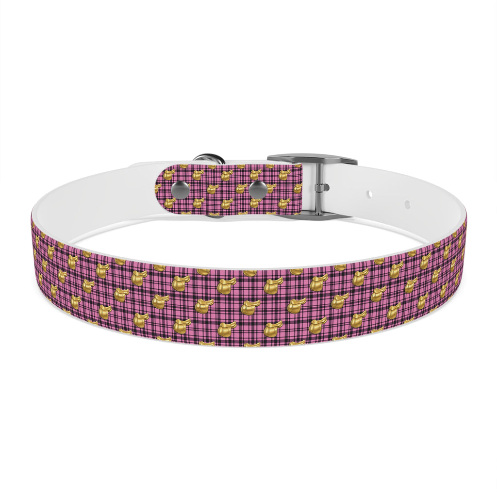 Pink Plaid Dog Collar with Tiny Gold Saddle Pattern