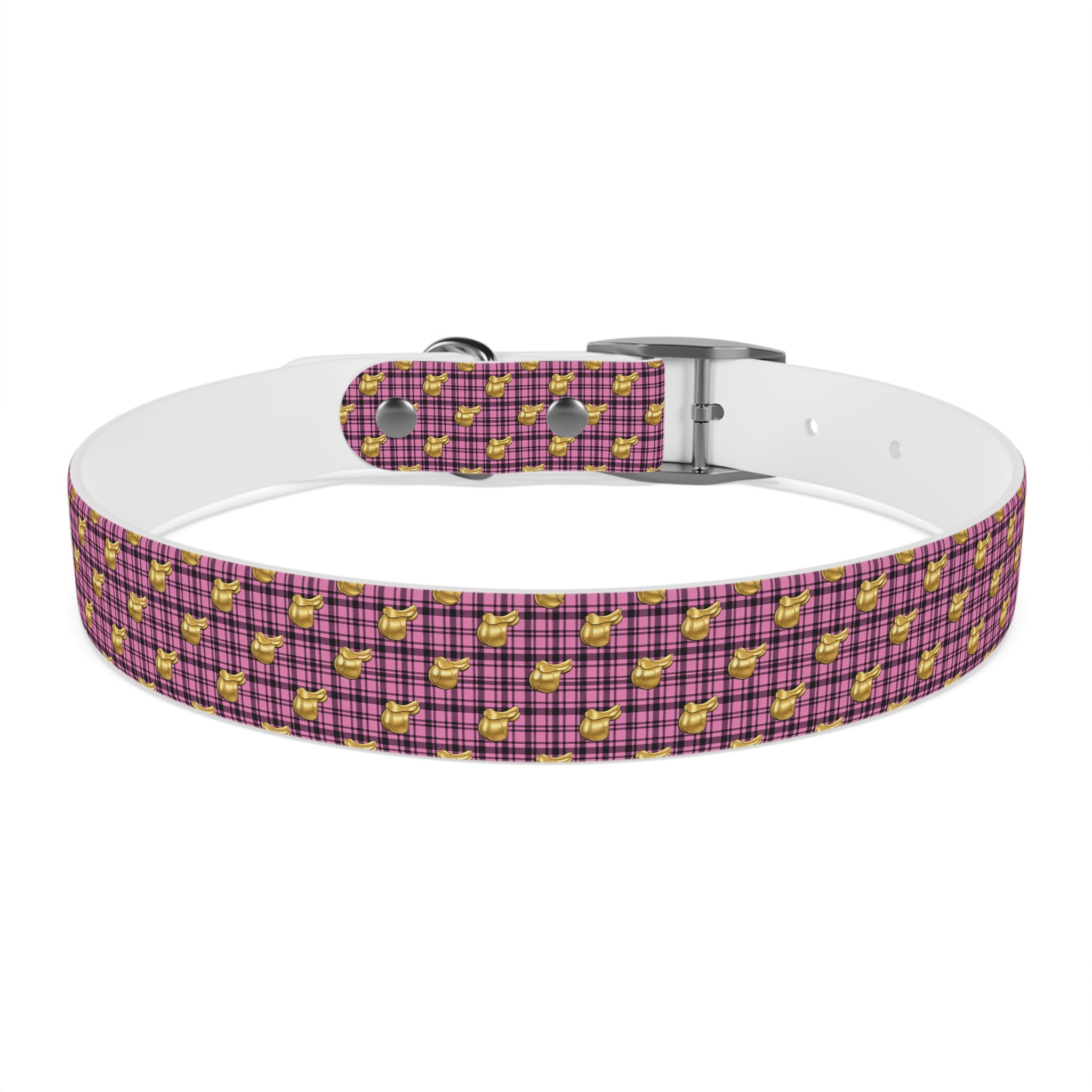 Pink Plaid Dog Collar with Tiny Gold Saddle Pattern