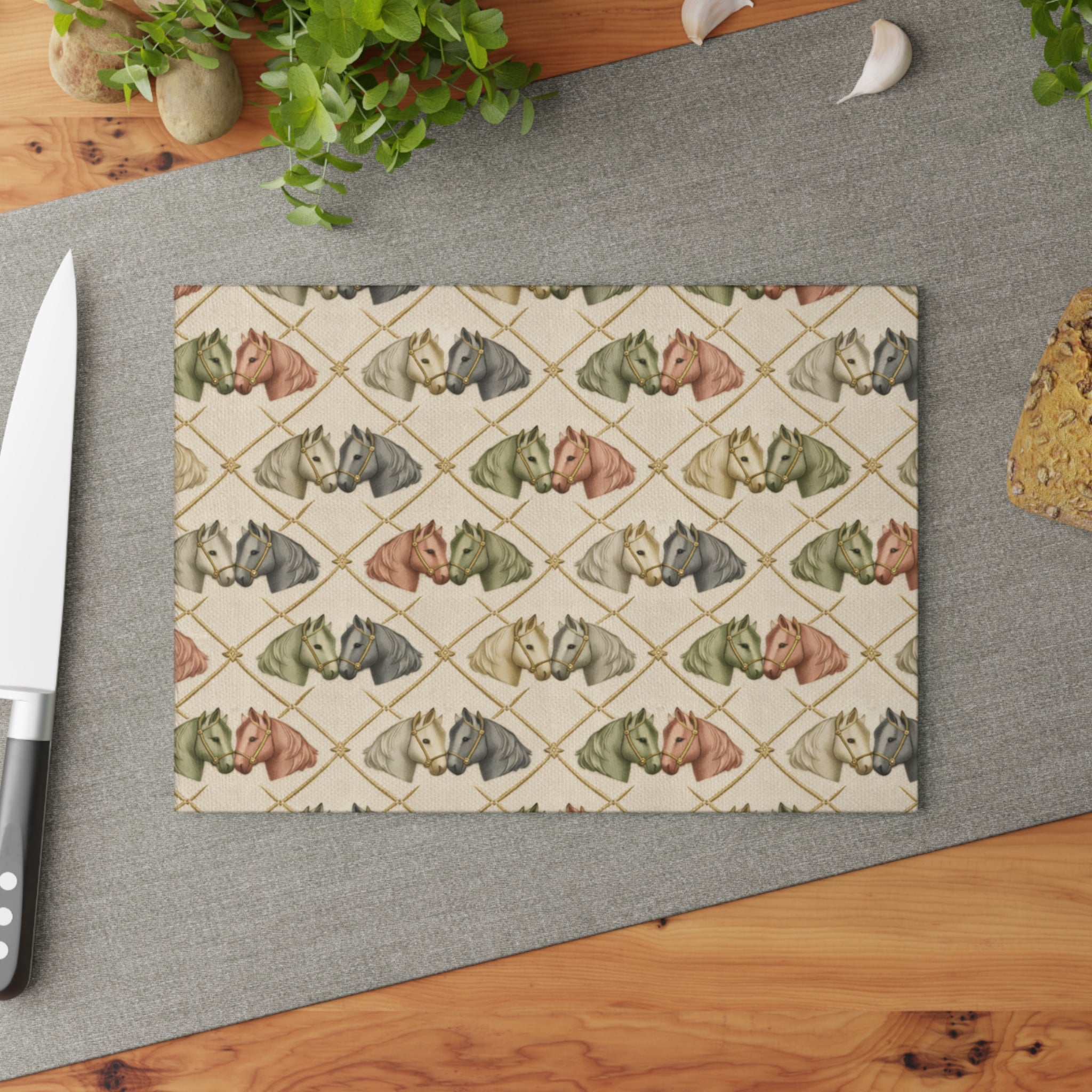 Glass Cutting Board — Diamond grid horses Pattern Soft Rustic Kitchen Decor