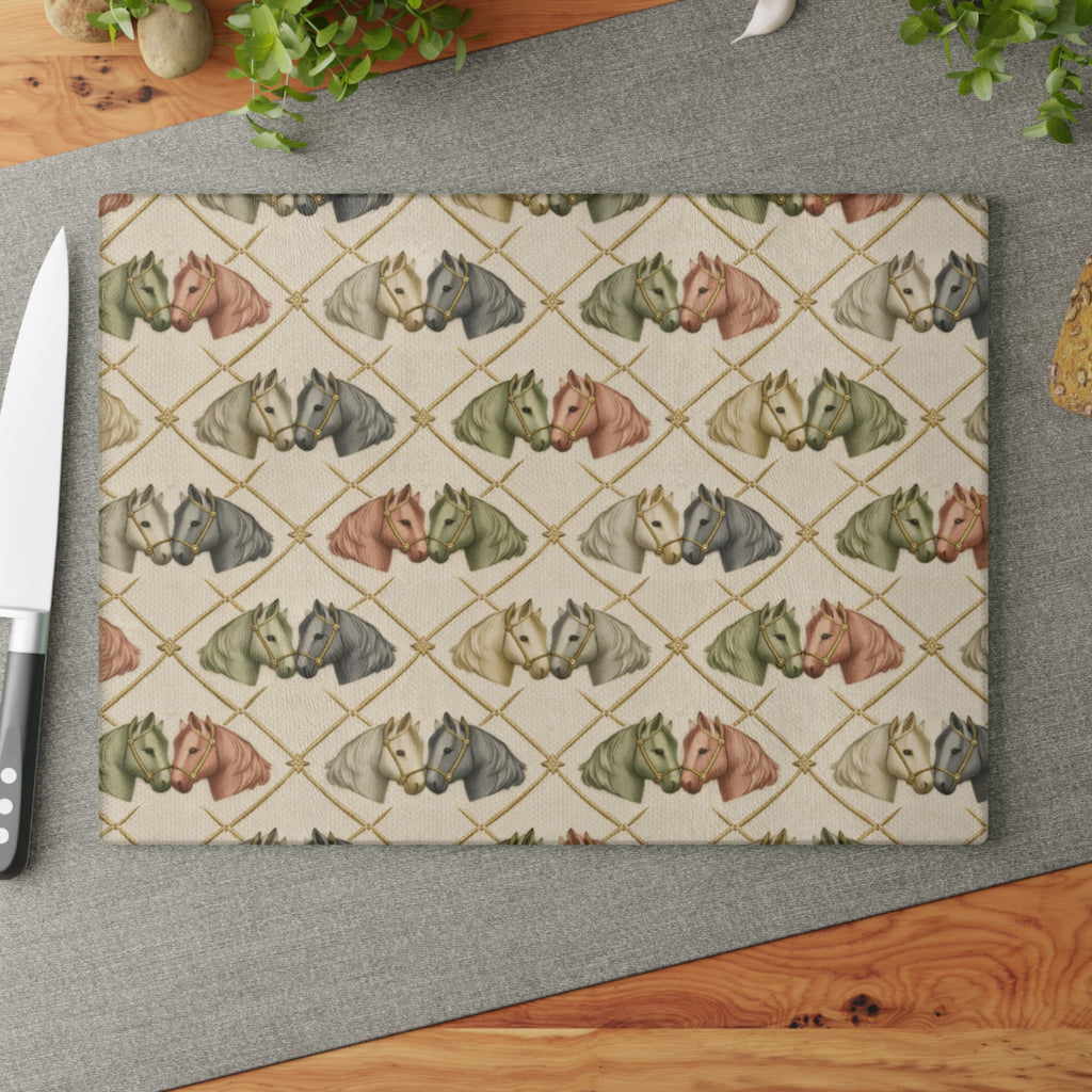 Glass Cutting Board — Diamond grid horses Pattern Soft Rustic Kitchen Decor