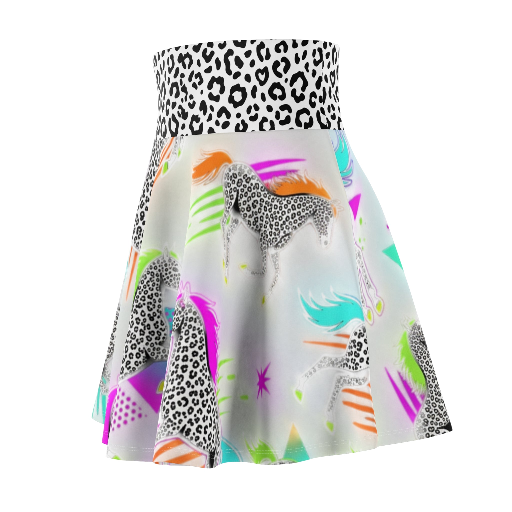 Neon Snow Leopard Horse Print Skater Skirt — Leopard Waistband, Retro 80s Rainbow Horse Vibe