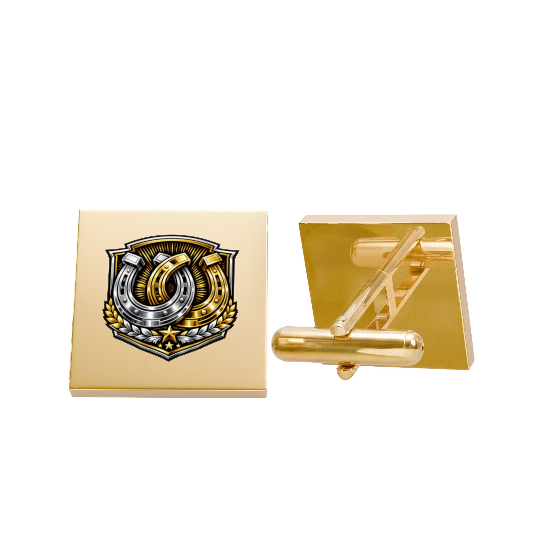 Gold Cufflinks with Horseshoe Crest Emblem — Equestrian Luck Dress Accessories